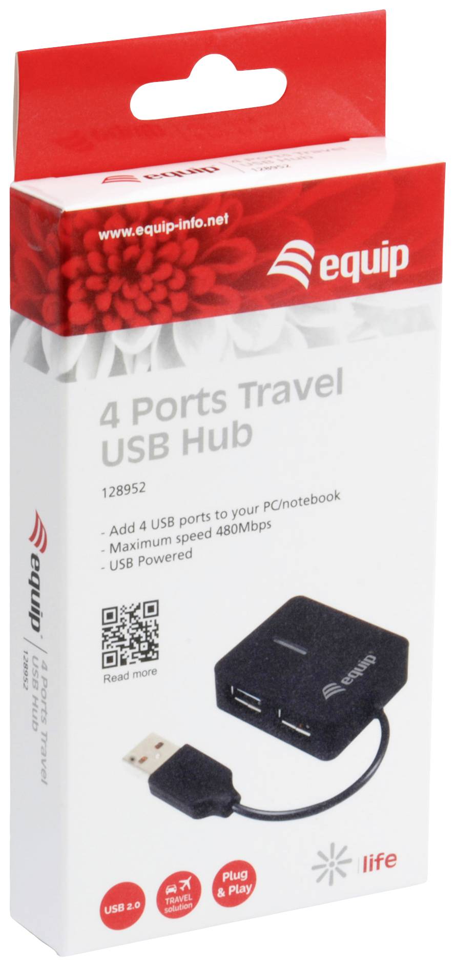 '4 Port USB-Hub' Verpackung mit Produktbild eines schwarzen USB-Hubs und Text über Funktionen: USB 3.0, Plug & Play, 480 Mbps.