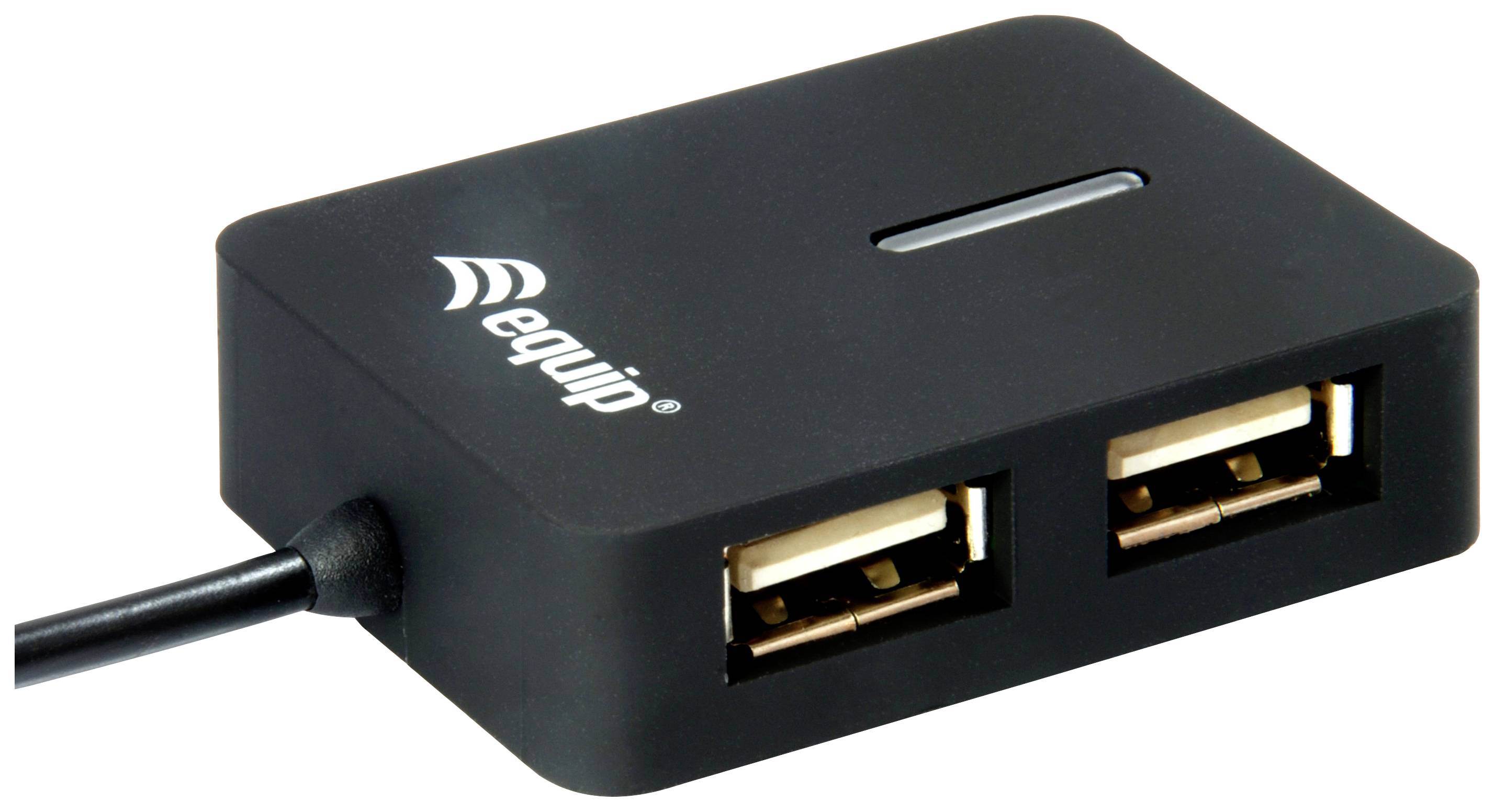 Schwarzer USB-Hub mit zwei USB-Anschlüssen, Markenname oben sichtbar.