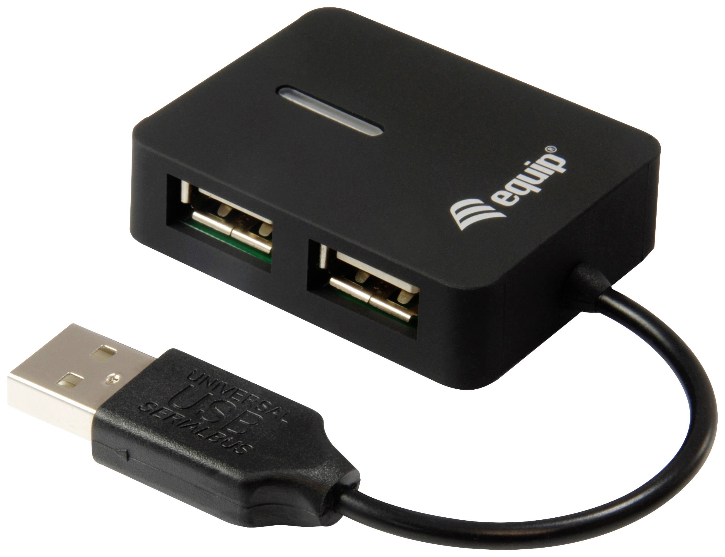 Ein schwarzer USB-Adapter mit zwei USB-Anschlüssen und einem kurzen Kabel mit einem USB-Stecker.
