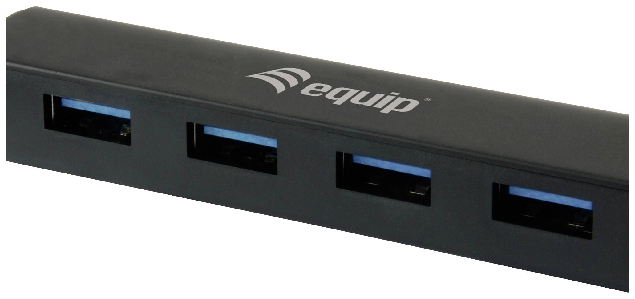 USB-Hub mit vier Ports, Markenlogo oben, schwarzes Design.