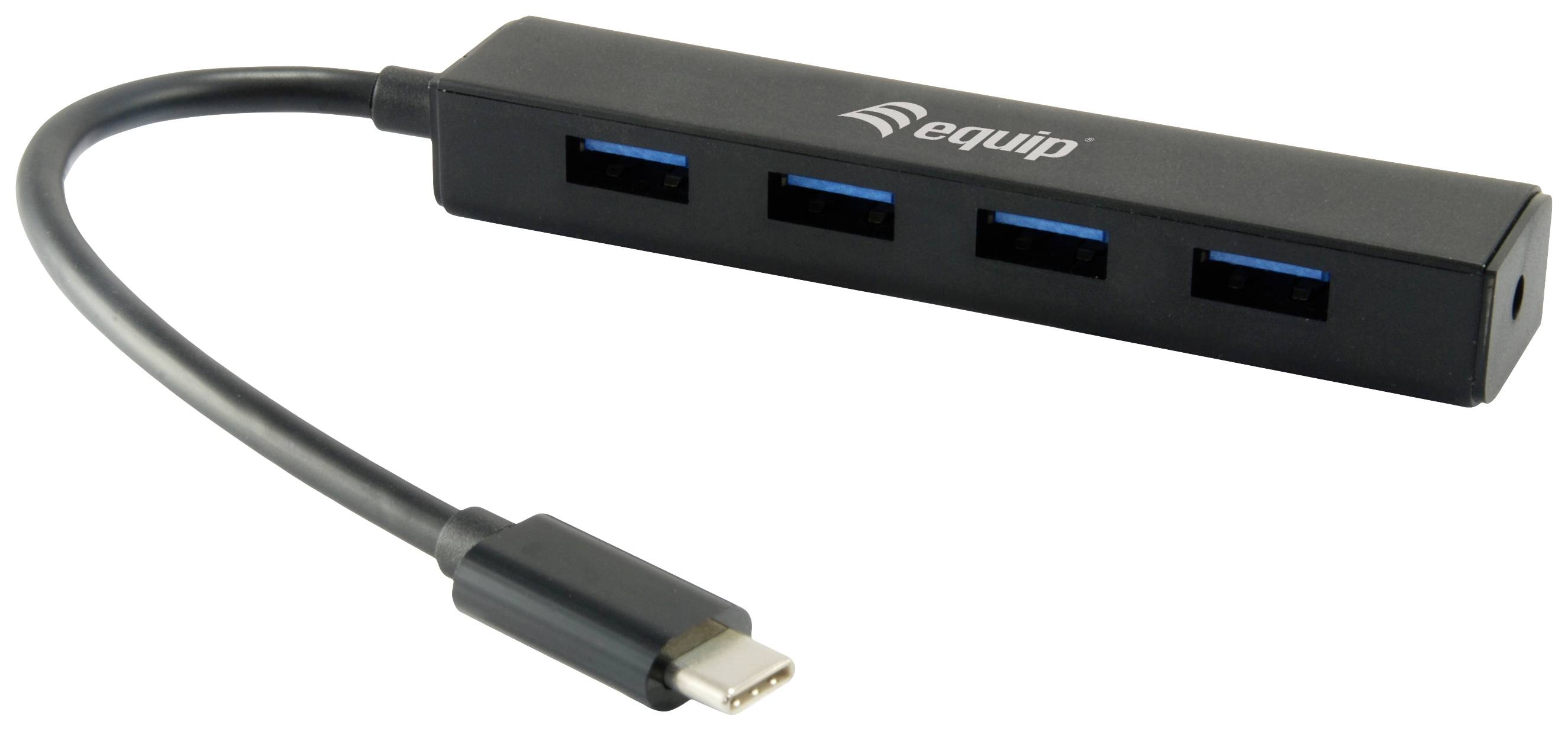 USB-C-Hub mit vier USB-3.0-Ports, kompakt und tragbar, ermöglicht den Anschluss mehrerer Geräte an einen USB-C-Anschluss.