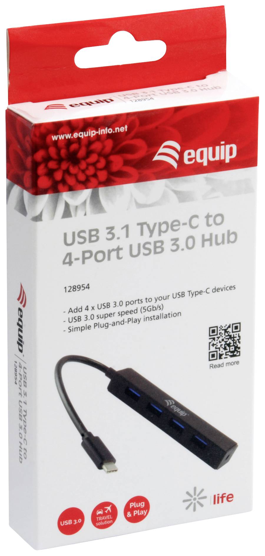 'USB 3.1 Type-C zu 4-Port USB 3.0 Hub' Verpackung mit rotem Logo und Bild des schwarzen Hubs, der vier USB-Anschlüsse bietet.