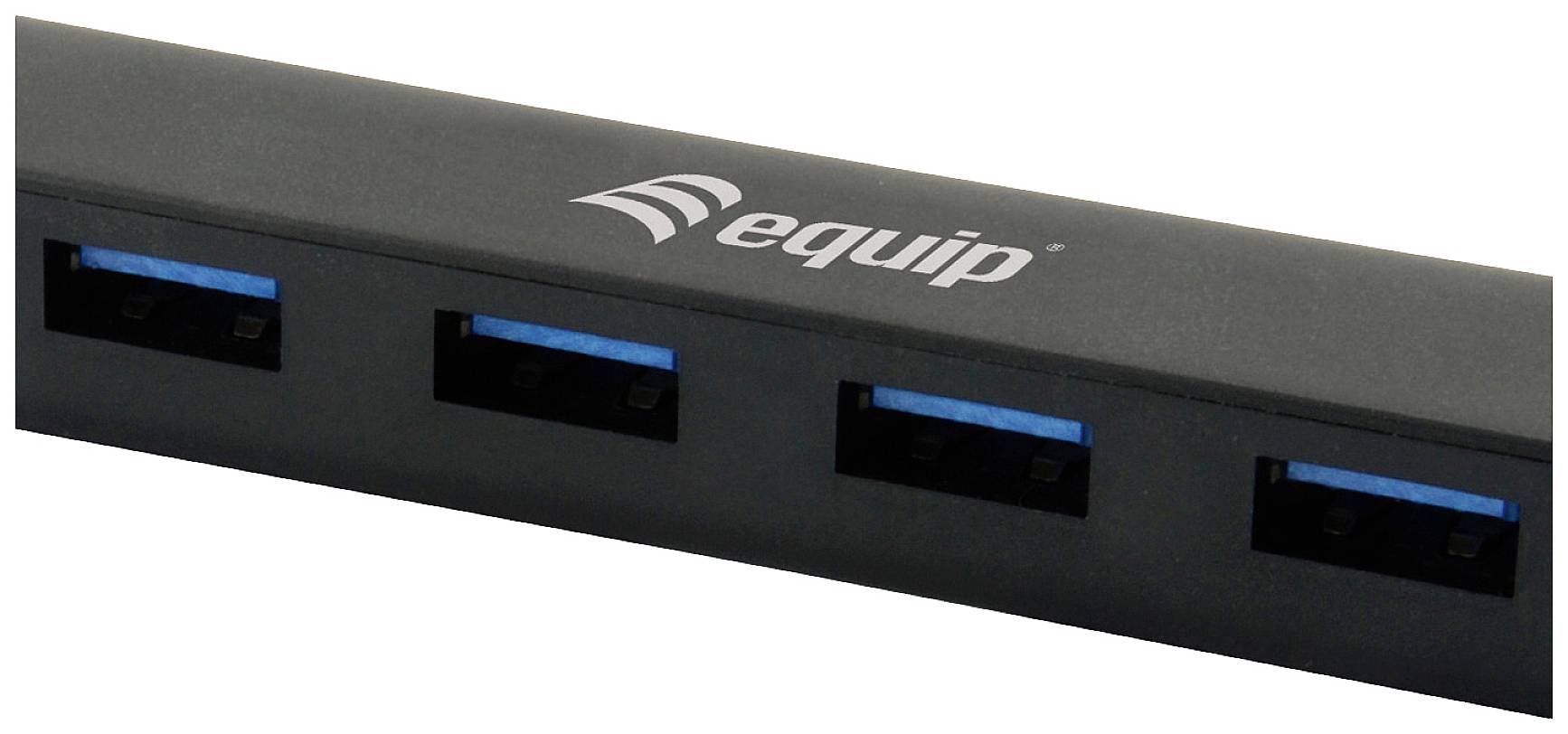 Ein schwarzer USB-Hub mit vier blauen USB-Anschlüssen auf der Vorderseite; das Logo 'equip' ist darauf zu sehen.
