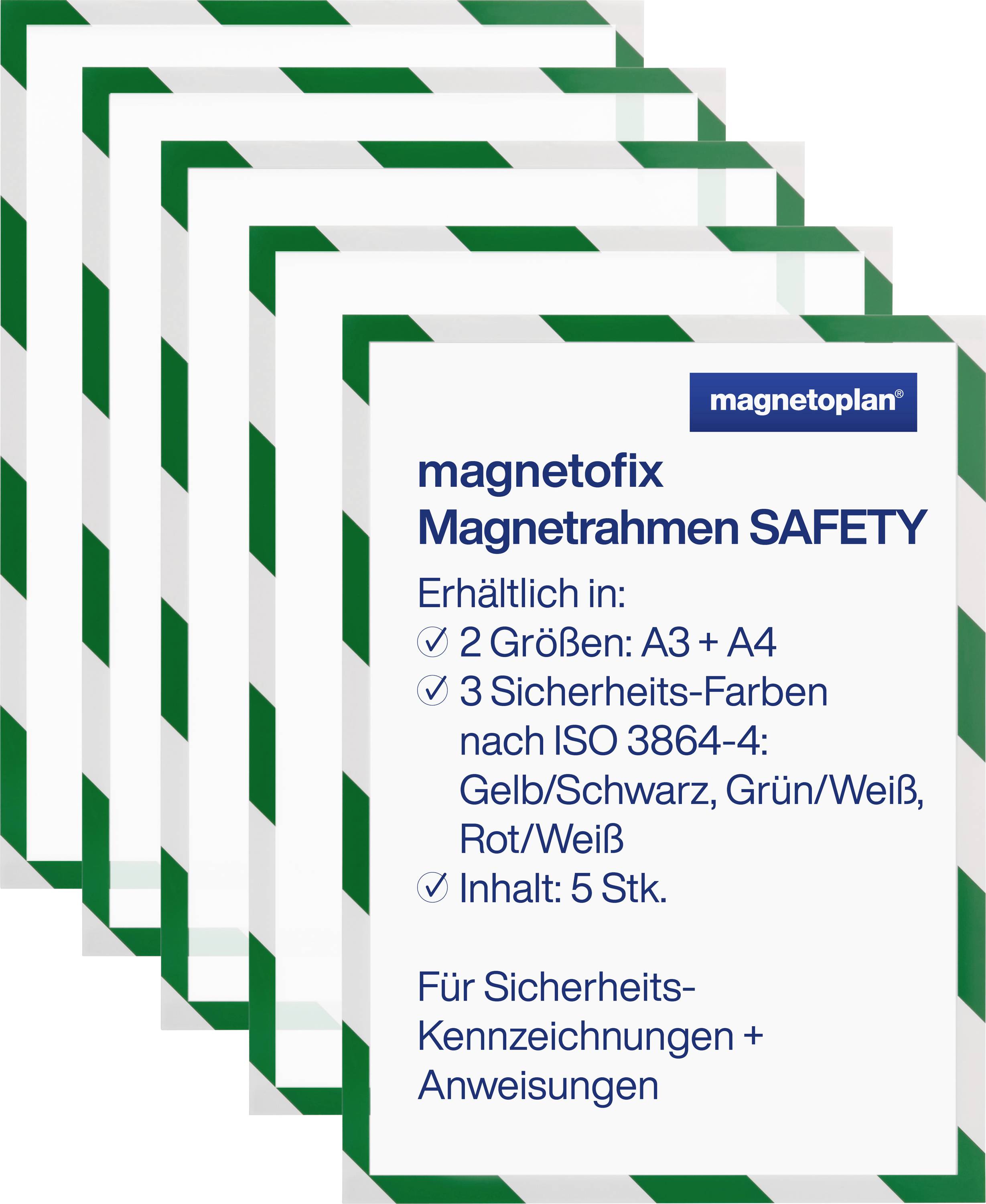Magnetofix Magnetrahmen Safety: verfügbar in A3+A4, 3 Sicherheitsfarben nach ISO 3864-4, enthält 5 Stück.