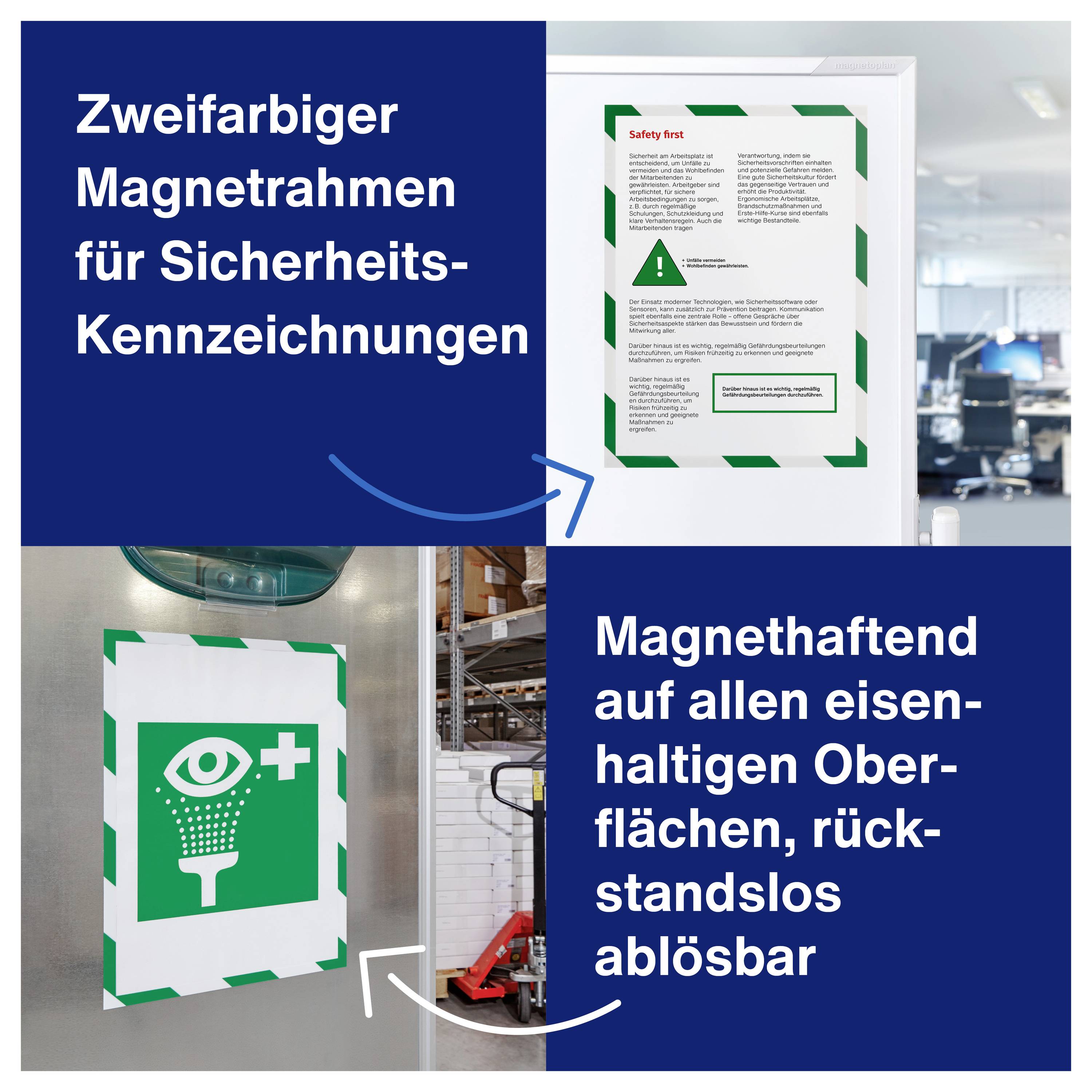 Zweifarbiger Magnetrahmen für Sicherheits-Kennzeichnungen. Magnethaftend auf eisenhaltigen Oberflächen, rückstandslos ablösbar.