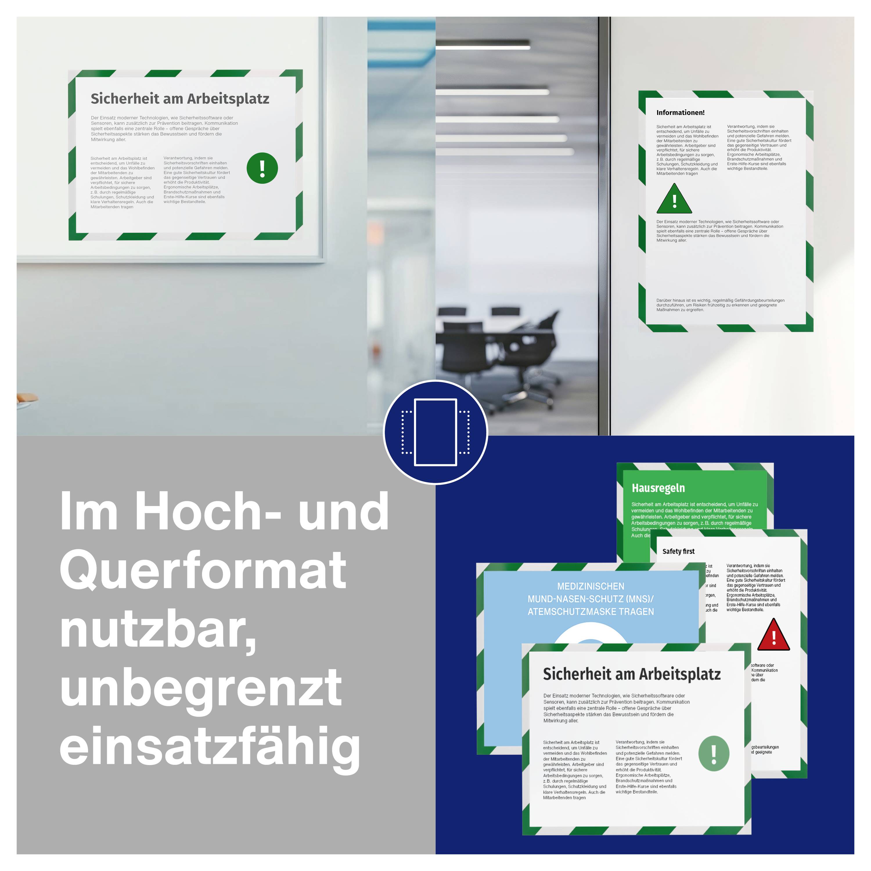 Sicherheit am Arbeitsplatz: Poster zeigt Sicherheitsregeln am Arbeitsplatz, um Verletzungen zu vermeiden.