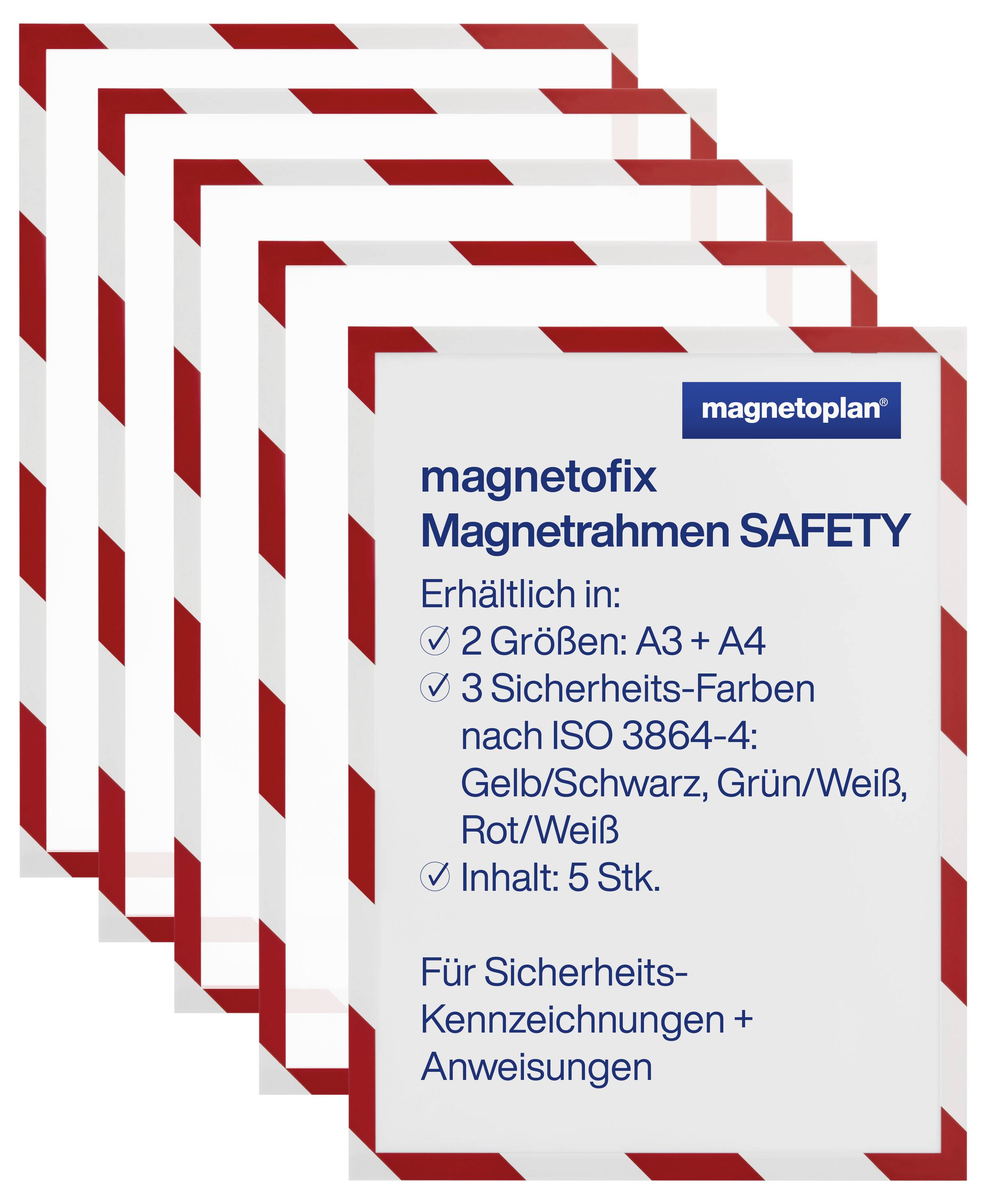 Magnete mit rot-weiß gestreiften Rändern für Sicherheitsschilder. Verfügbar in A3 und A4 Größen, mit drei Sicherheitsfarben gemäß ISO 3864-4. Enthält 5 Stück.