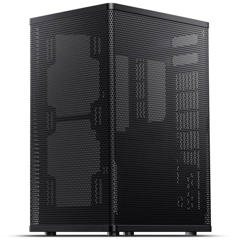 Ein schwarzes Computergehäuse mit perforierten Seiten für optimale Belüftung, auf einem weißen Hintergrund.