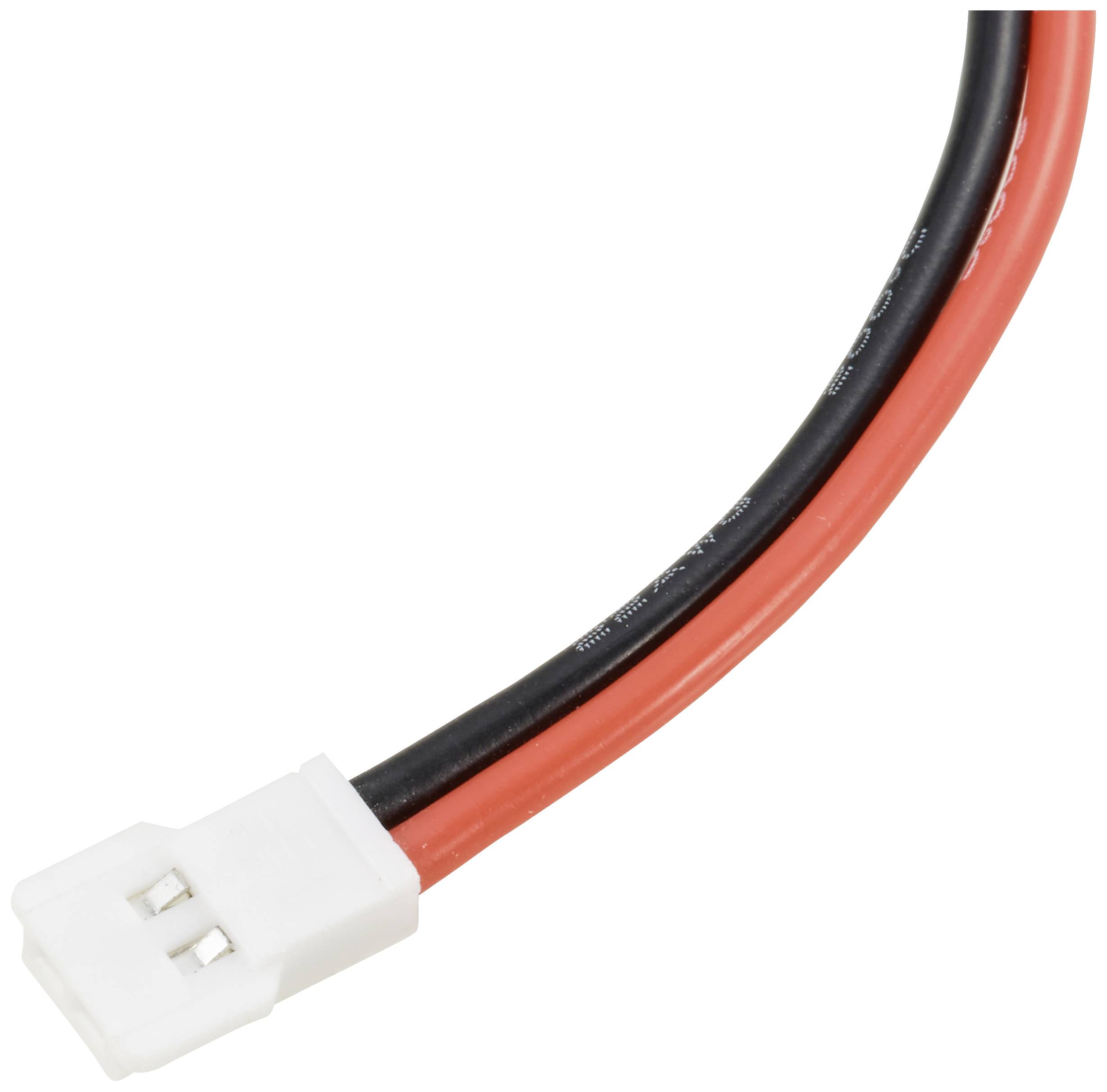 Ein rotes und ein schwarzes Kabel mit einem weißen Steckverbinder.