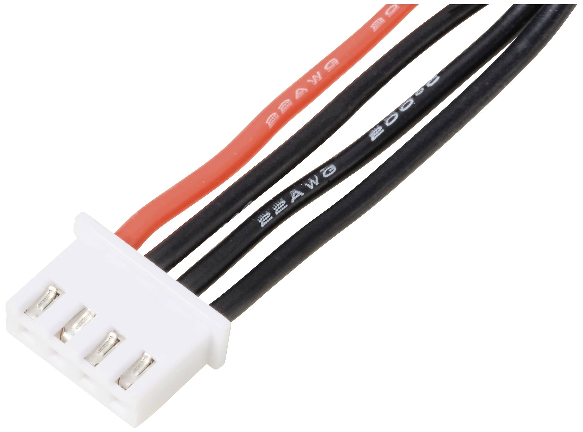 Kabelverbinder mit vier Anschlussleitungen: ein rotes und drei schwarze Kabel. Beschriftung zeigt 22AWG. Weiße Kunststoffbuchse.