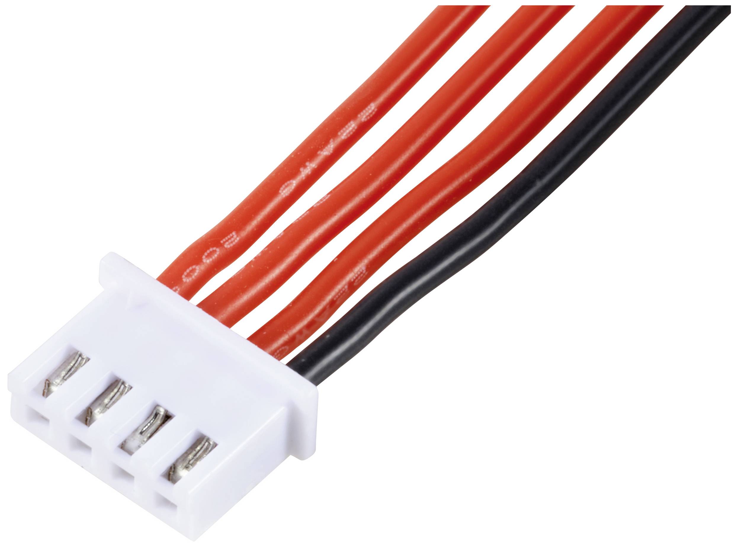 Vieradriges Kabel mit Stecker, zwei rote und zwei schwarze Leitungen, für elektronische Verbindungen.