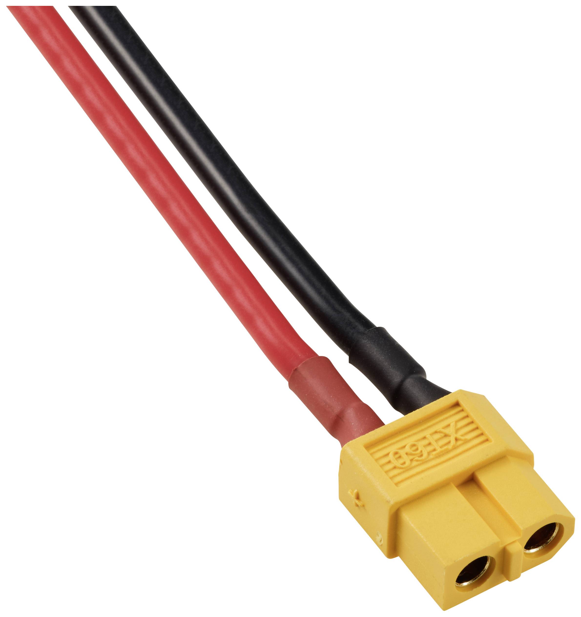 Zwei Kabel, eines rot und eines schwarz, enden in einem gelben XT60-Stecker, der für elektrische Verbindungen verwendet wird.