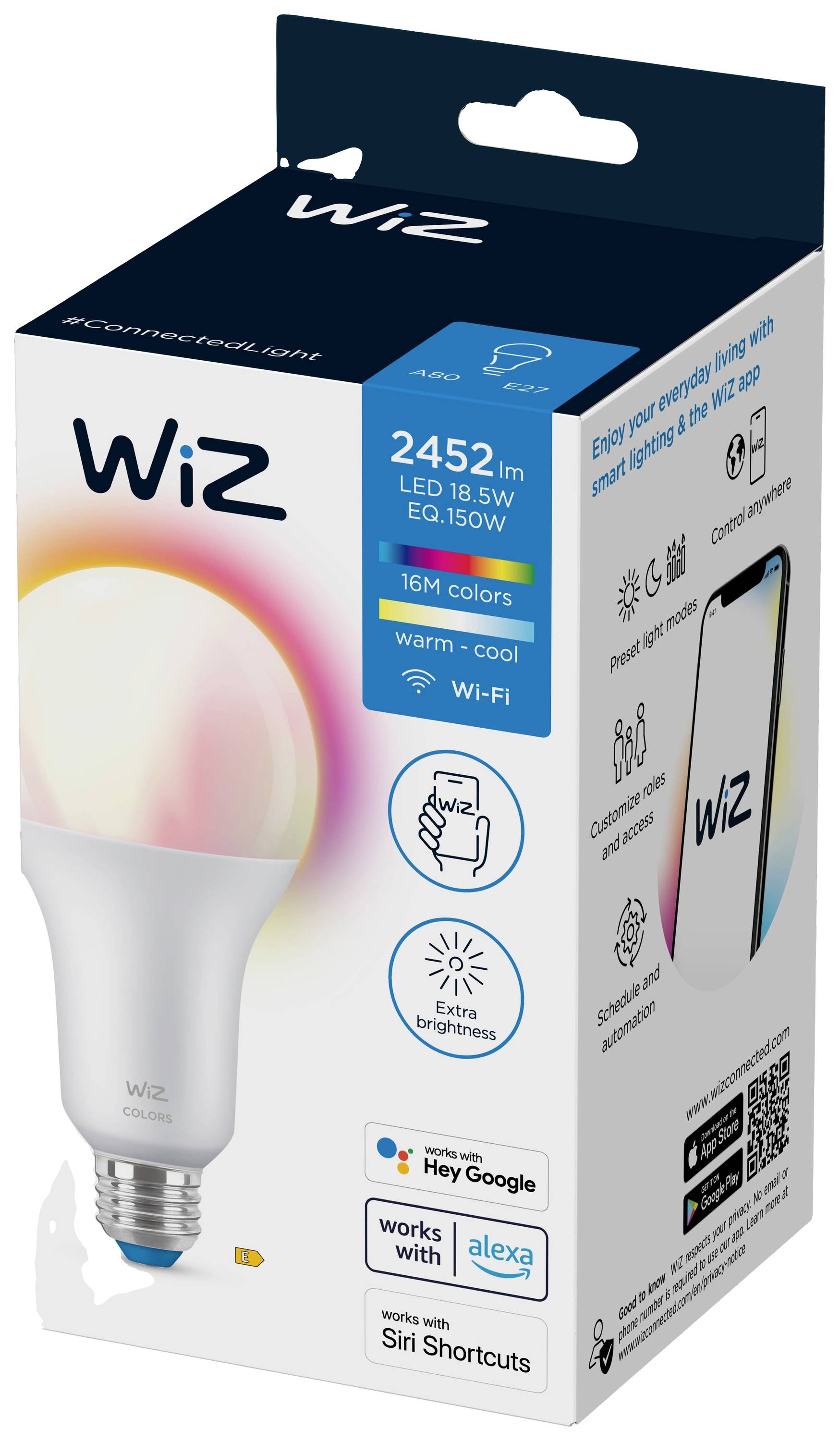 WiZ 8719514554634 LED EEK E (A - G) E27 Globeform 19 W = 150 W RGBW (Ø x L) 60 mm x 110 mm dimmbar, app-gesteuert 1 St.