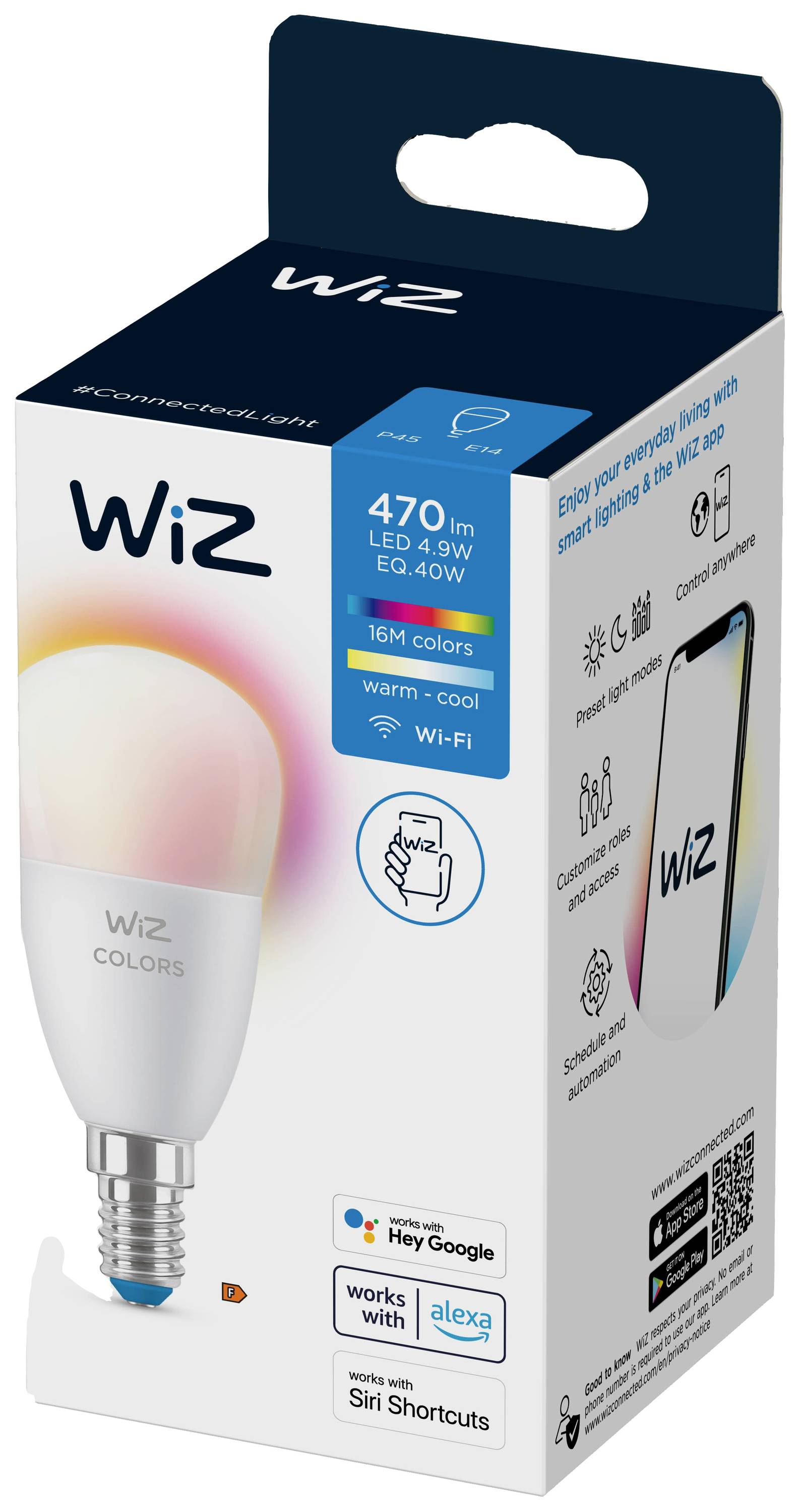 WiZ 8719514554658 LED EEK F (A - G) E14 Tropfenform 5 W = 40 W RGBW dimmbar, app-gesteuert 1 St.