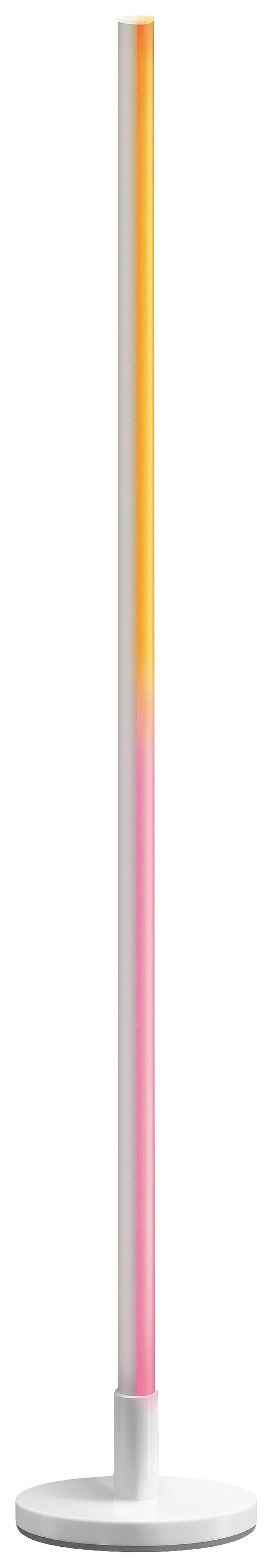 Stehleuchte mit schmalem, vertikalem Design. Leuchtet in Orange und Pink, auf weißem Sockel. Minimalistischer, moderner Stil.