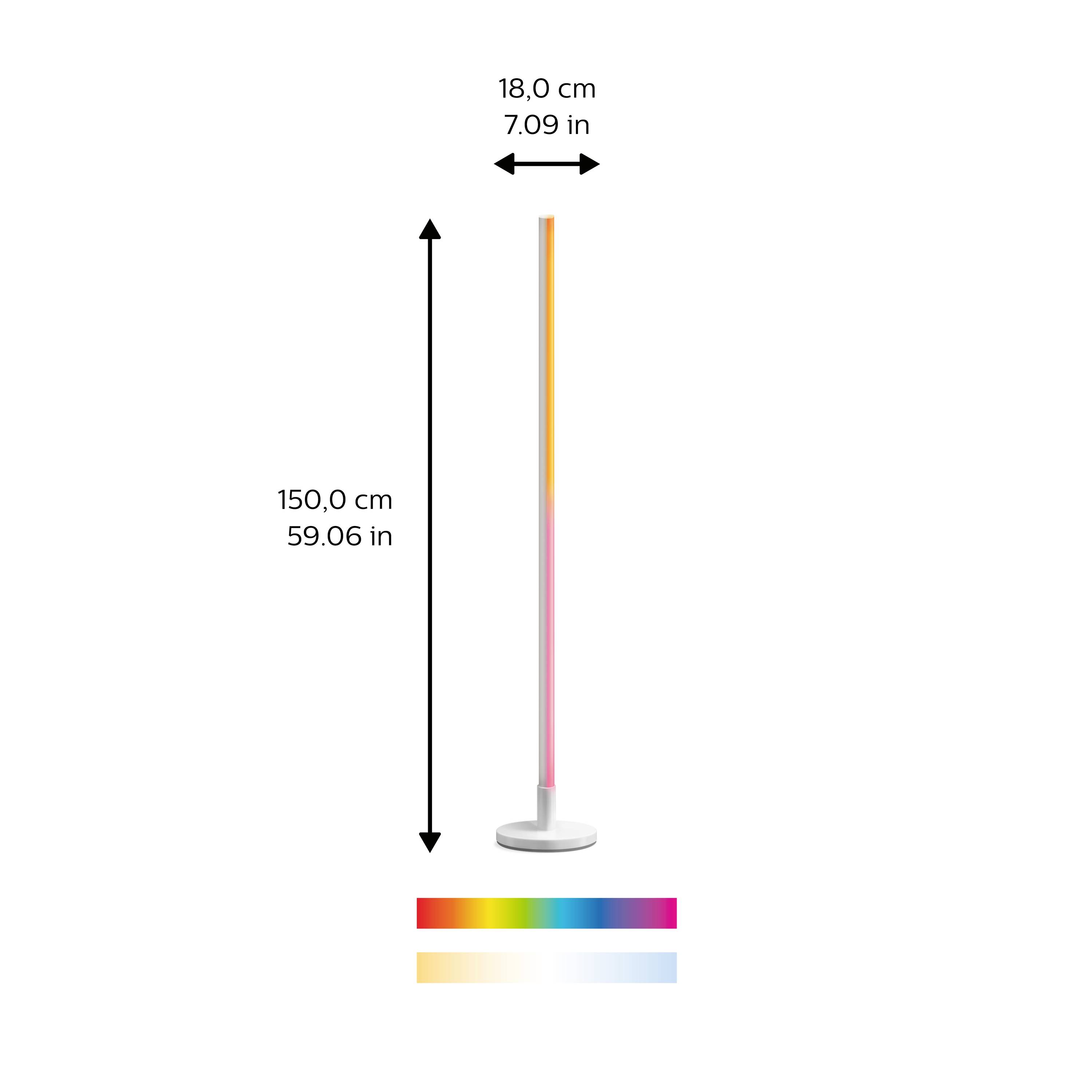 Stehleuchte mit buntem Lichtstreifen, 150 cm hoch. Die Basis ist rund und weiß. Maße: Höhe 150 cm, Durchmesser 18 cm.