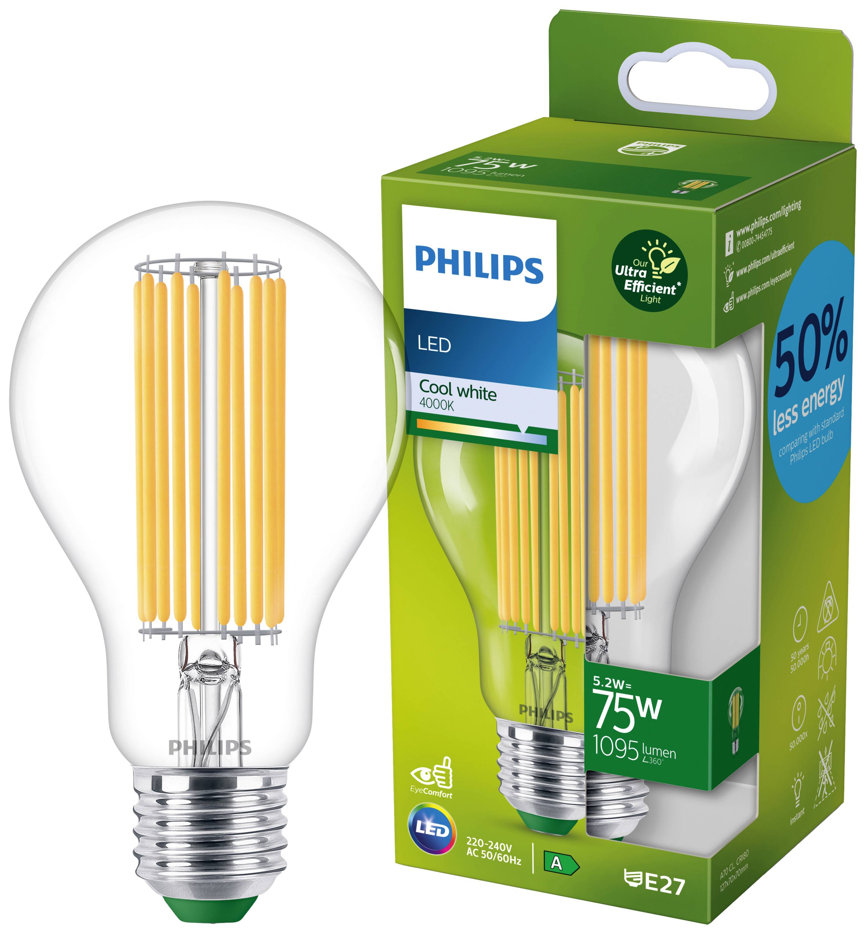 Philips 8719514435698 LED EEK A (A - G) E27 Glühlampenform 5.2 W = 75 W Neutralweiß (Ø x L) 70 mm x 127 mm 1 St.