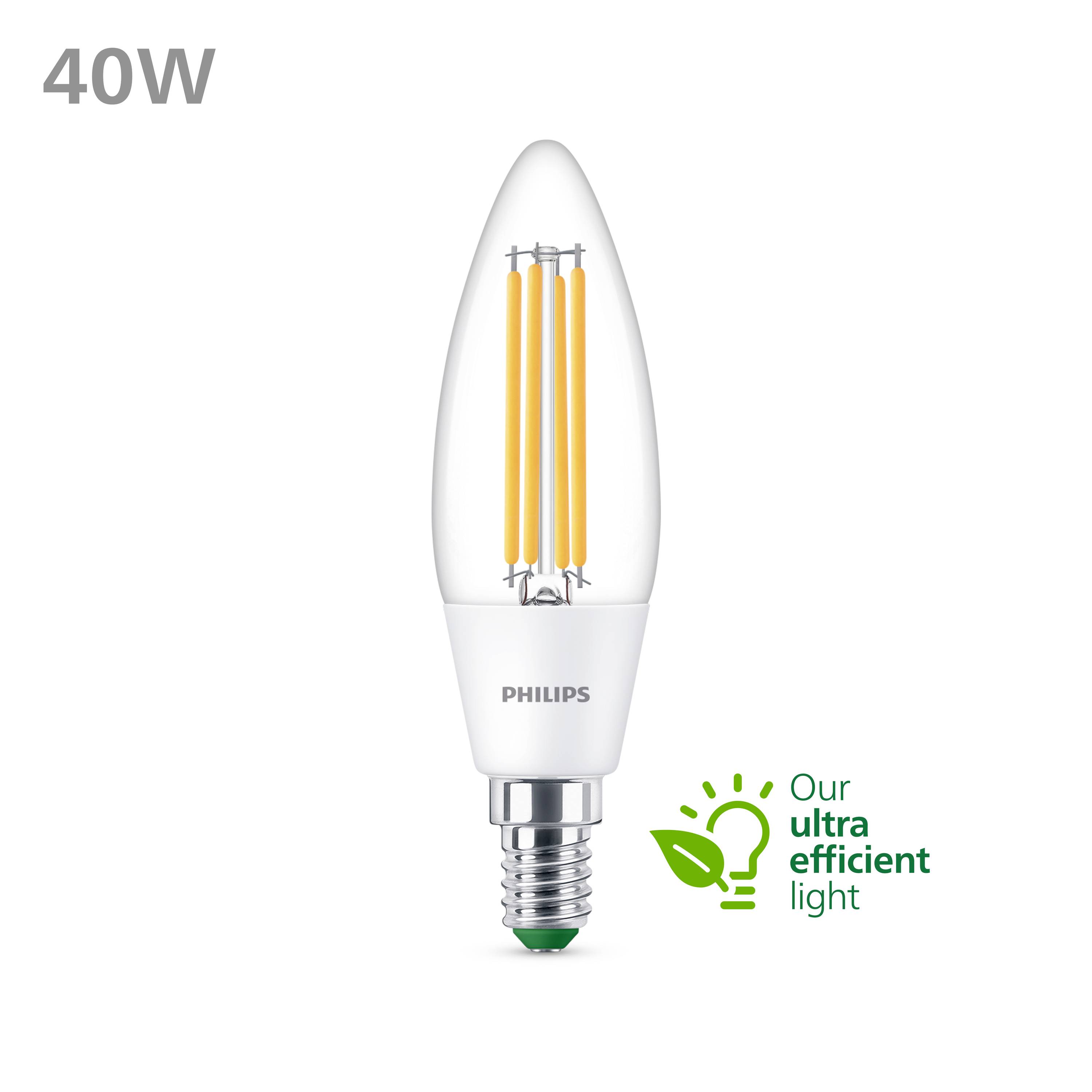 Energiesparende LED-Lampe von Philips, 40W. Text: 'Our ultra efficient light'. Ideal für nachhaltige Beleuchtung.