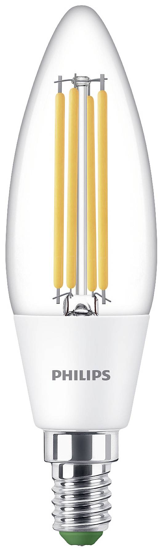Eine LED-Glühbirne in Kerzenform mit klarem Glas und sichtbaren Filamenten von Philips. E27-Schraubfassung, energiesparend.
