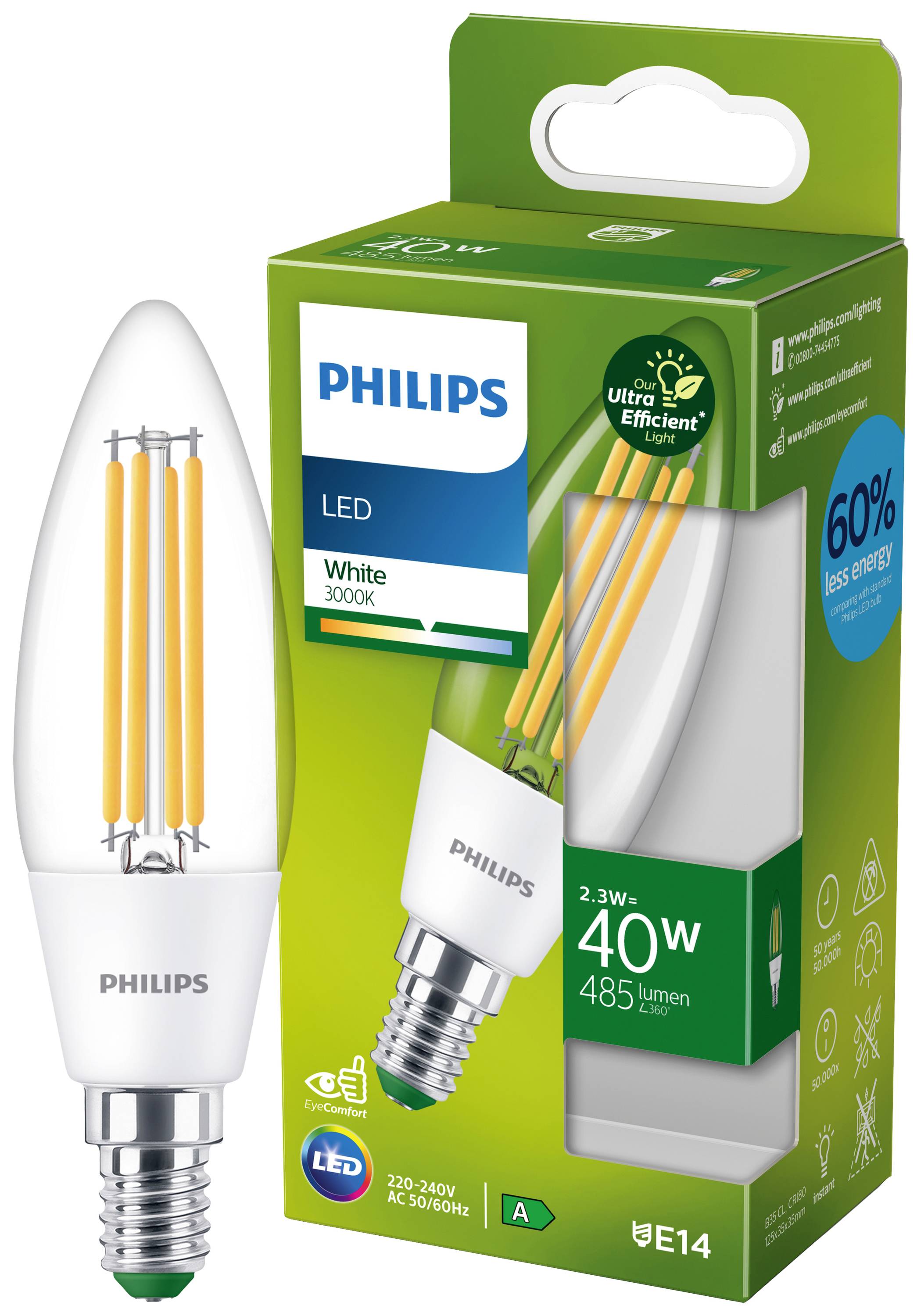 Energiesparende LED-Glühbirne von Philips in Verpackung mit 40 Watt Leistung, 3000K Farbtemperatur und E14 Fassung.