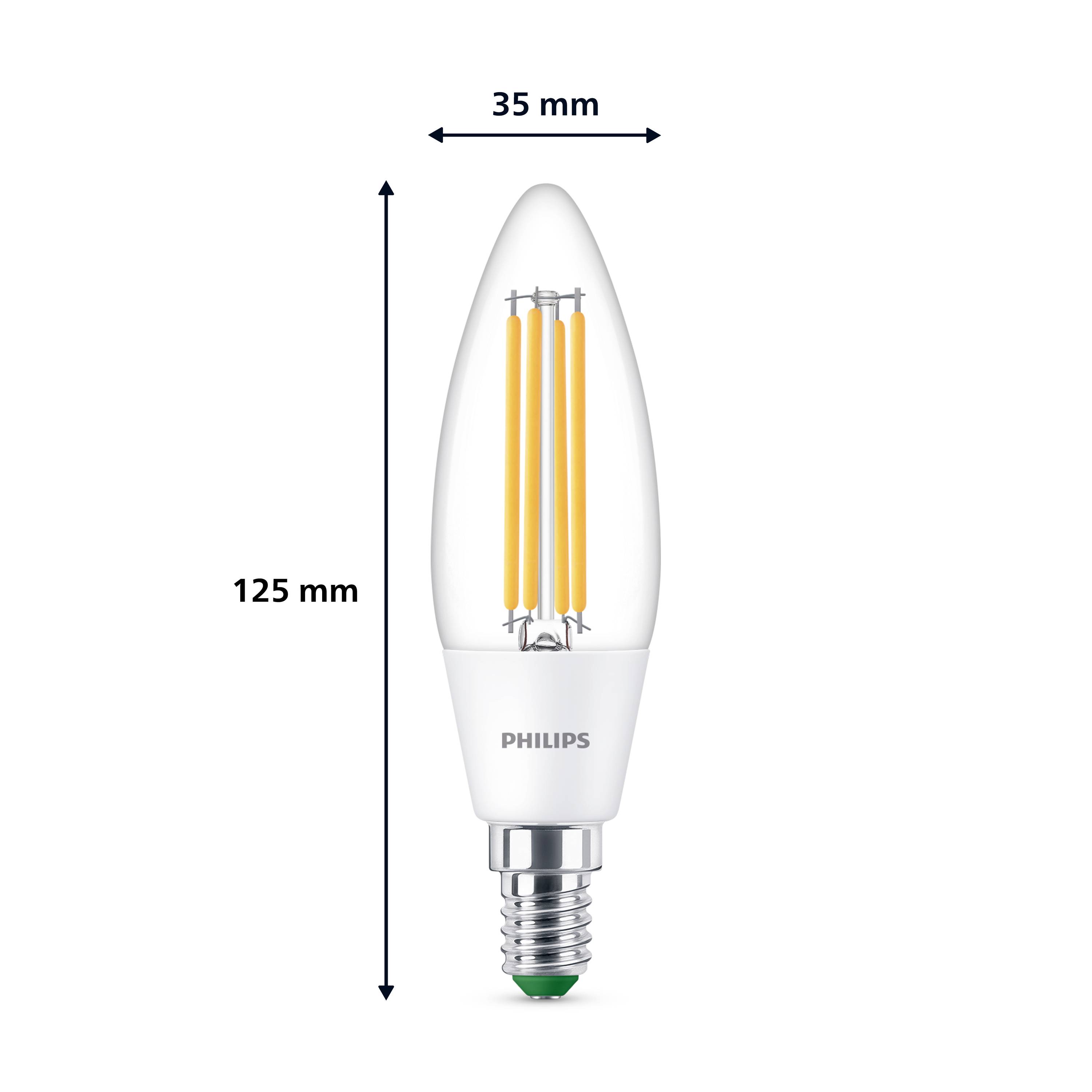 LED Kerze, 35 mm Durchmesser, 125 mm Höhe, E14 Sockel, klar mit zwei orangenen Glühfäden, Marke Philips, geeignet für dekorative Beleuchtung.
