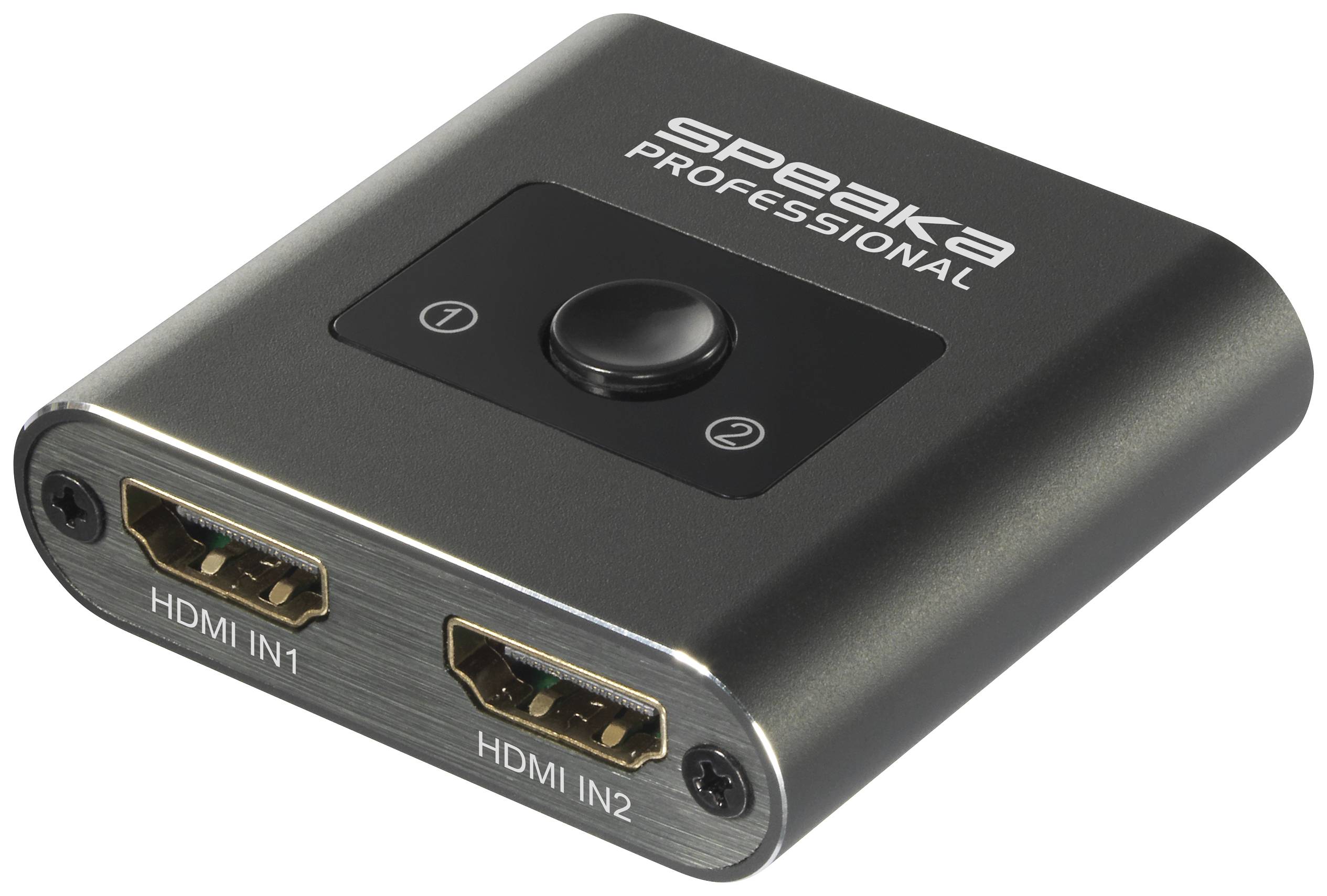 HDMI-Umschalter von Speaka Professional mit zwei Eingängen für HDMI-Kabel und einem Umschaltknopf oben, schwarzes Gehäuse.
