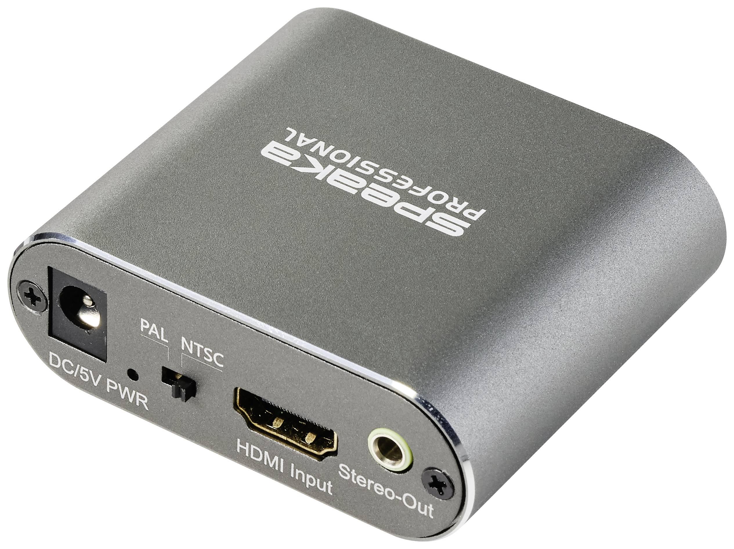 Bilder eines kompakten AV-Konverters mit Anschlüssen für DC 5V, HDMI-Eingang sowie Stereo-Out, unterstützt PAL und NTSC.