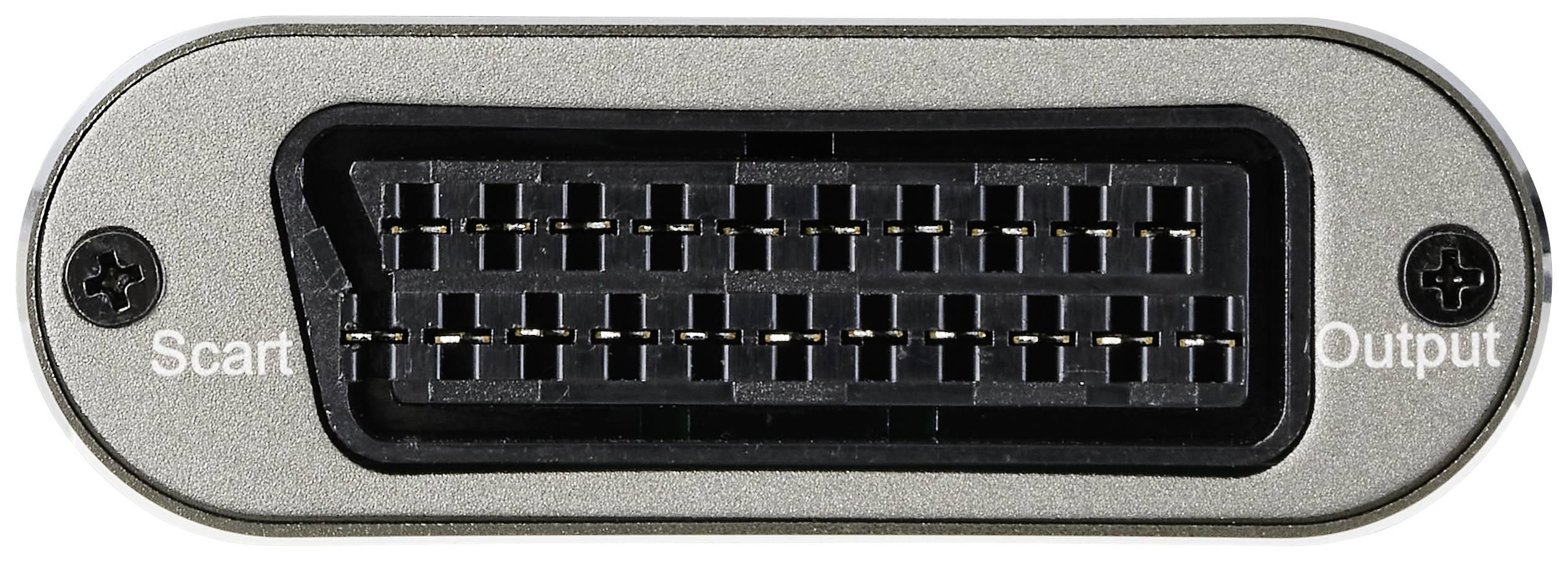 Ein SCART-Steckverbinder, gekennzeichnet mit 'Scart' und 'Output', zum Übertragen von Audio- und Videosignalen.