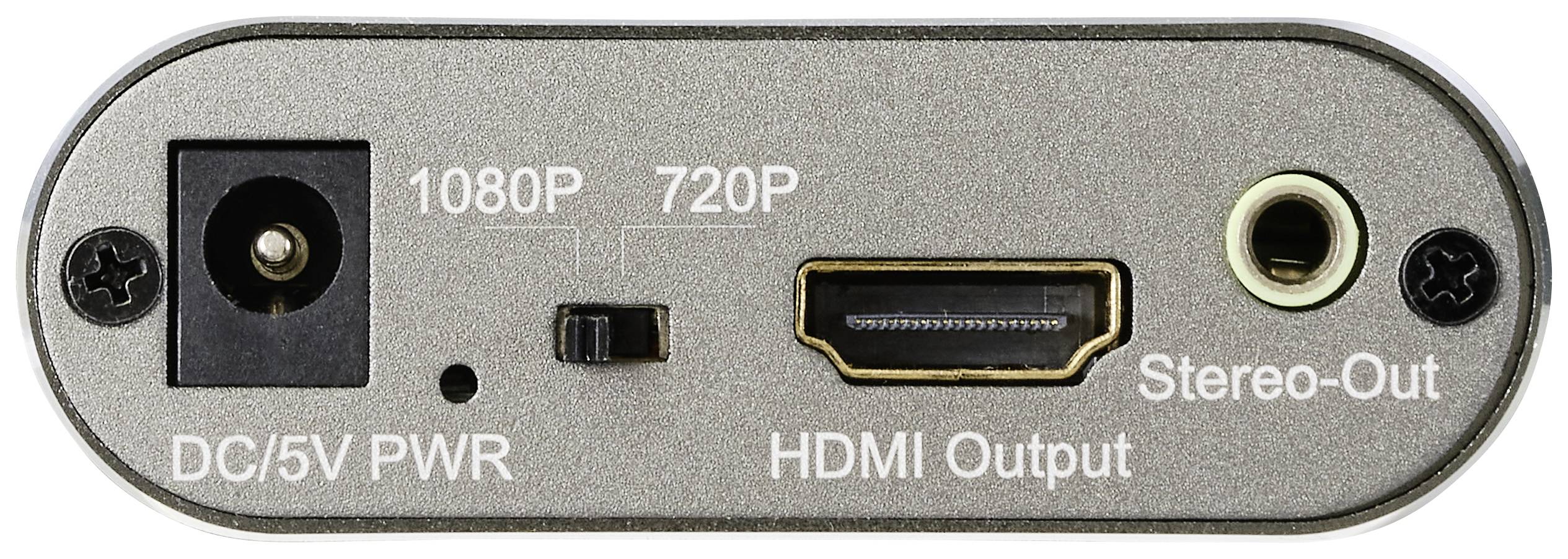 Rückseite eines Geräts mit Stromanschluss (DC/5V PWR), HDMI-Ausgang und Stereo-Ausgang. Beschriftungen: 1080P, 720P.