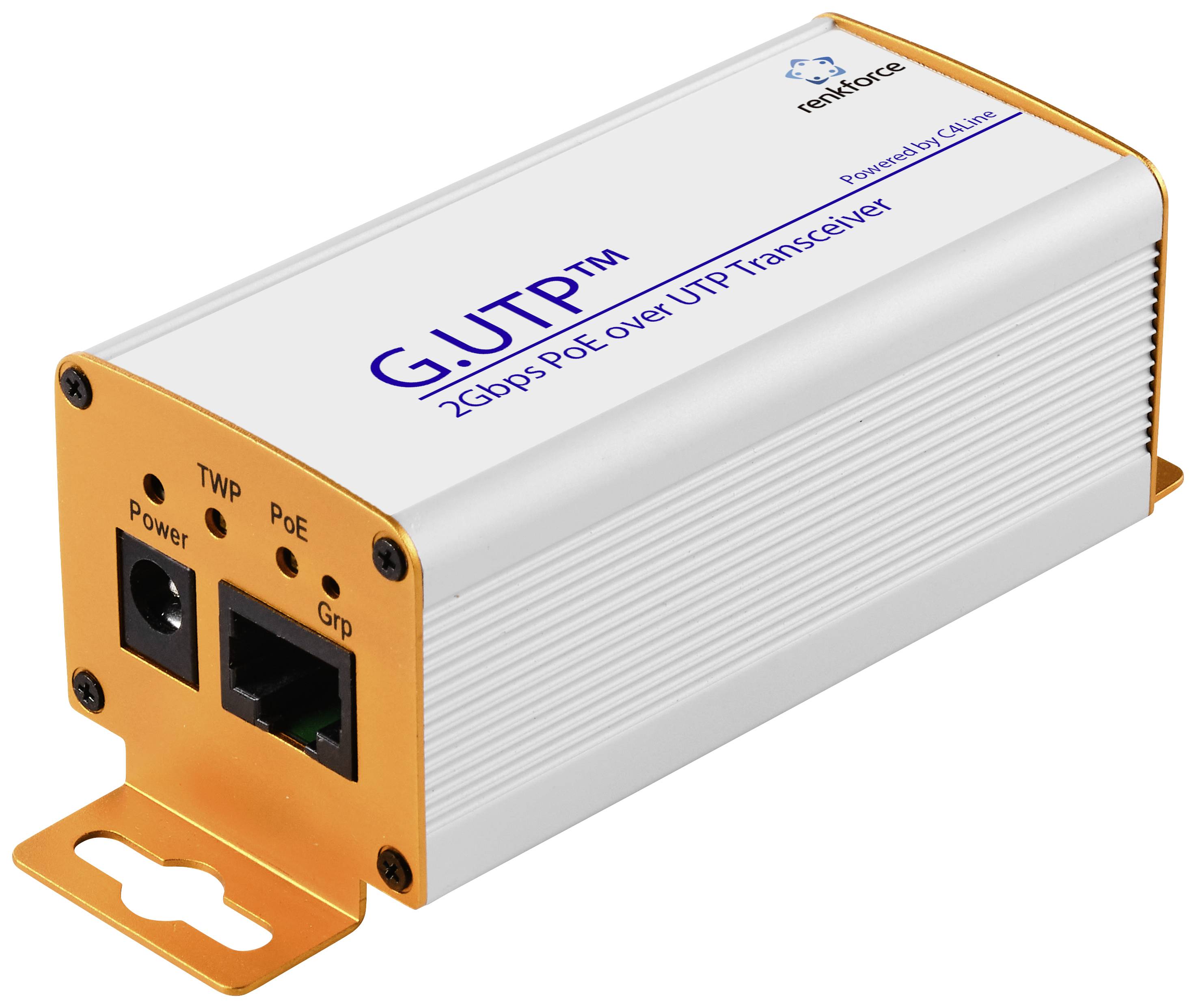 Orange-weißer PoE-Transceiver mit der Aufschrift 'G.UTP 2Gbps PoE over UTP Transceiver'. Besitzt Anschlüsse für TWP und PoE.