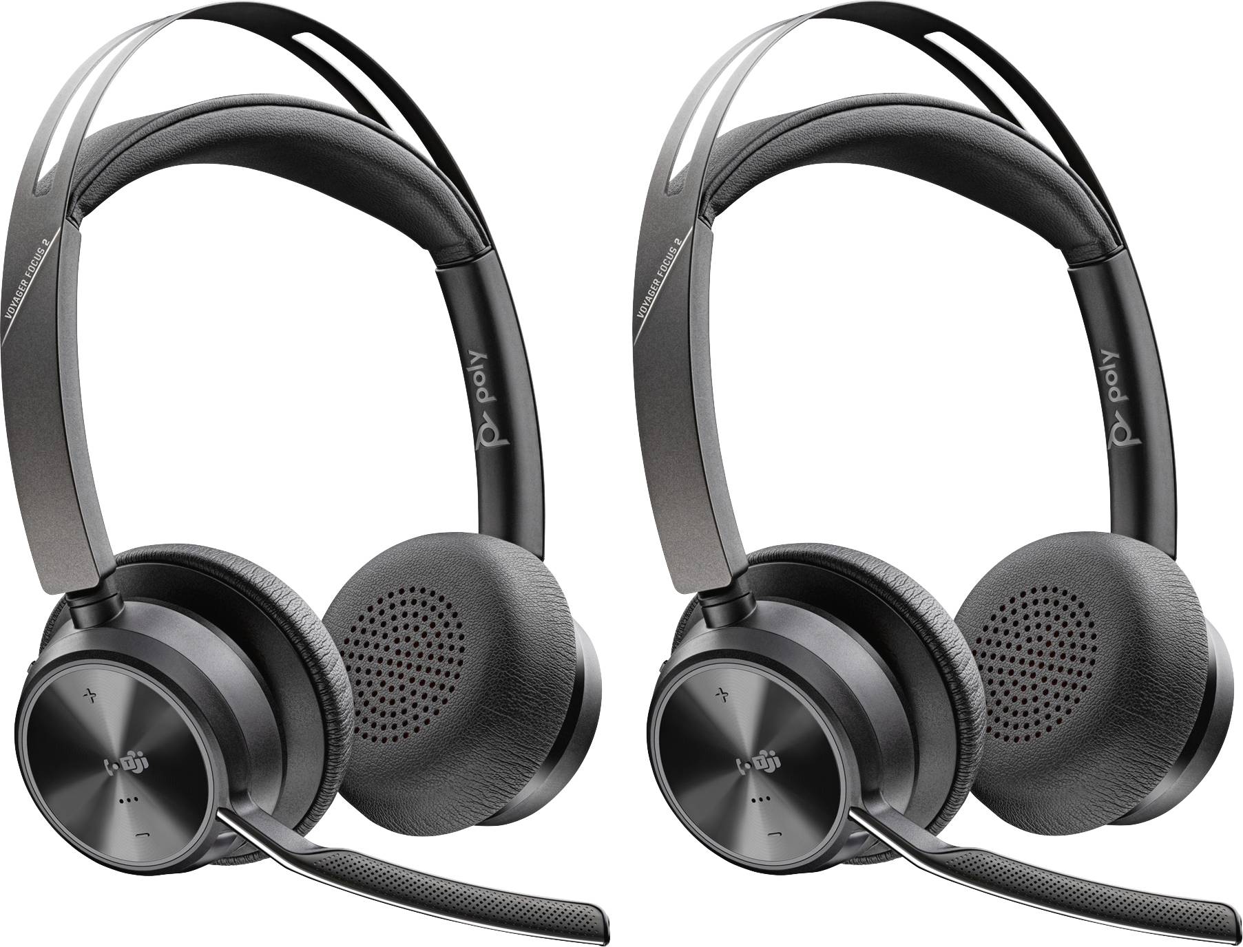 Zwei schwarze Headsets mit Mikrofonarmen und gepolsterten Ohrmuscheln. Die Marke 'Poly' ist auf den Bügeln sichtbar.