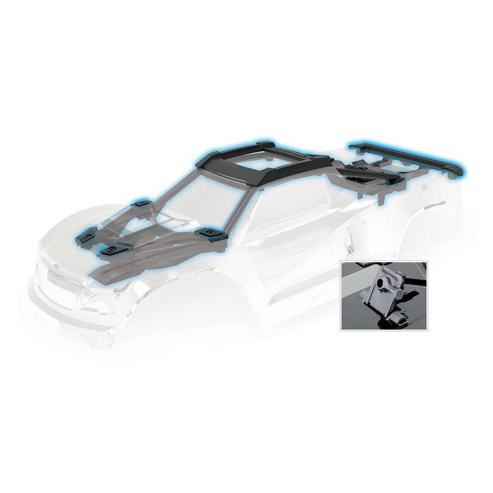 Transparente schematische Darstellung eines Fahrzeugs mit hervorgehobenem Dachträger. Detailaufnahme einer Befestigung im kleinen Fenster.