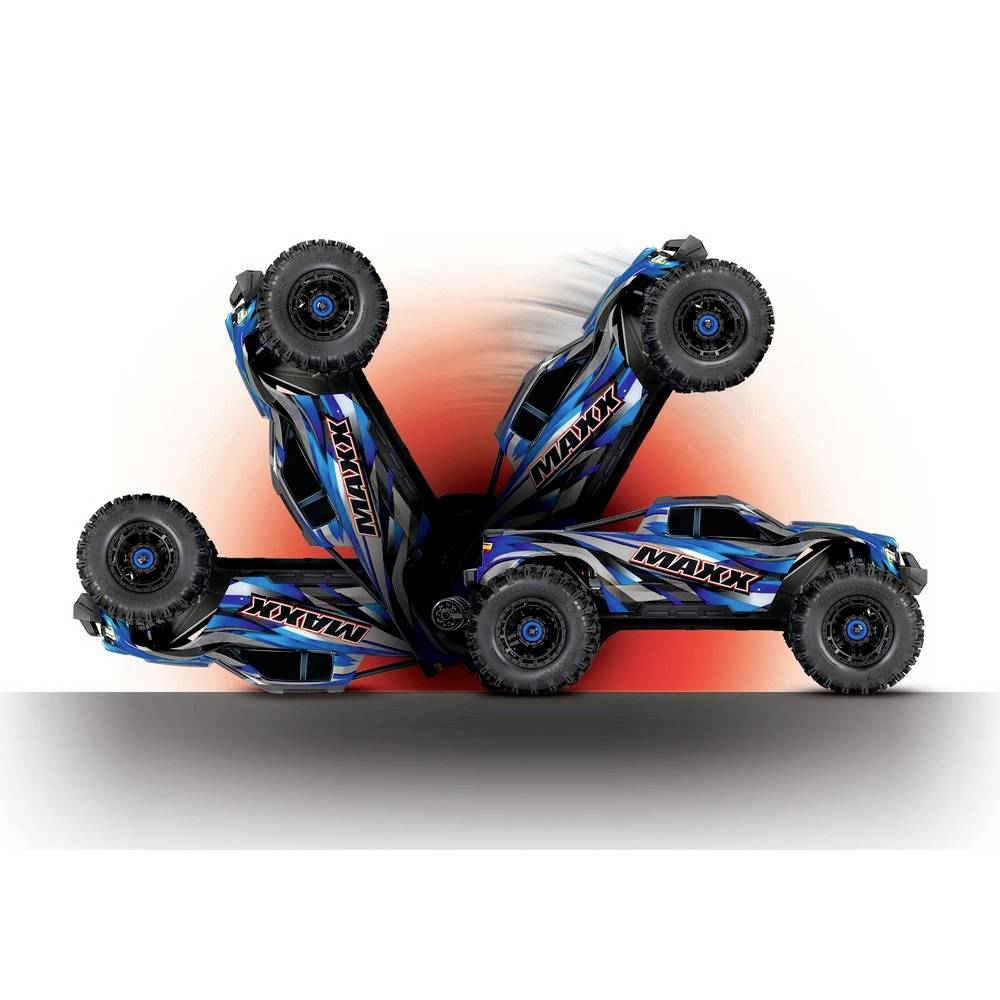 Ein blauer Spielzeug-Truck führt einen Überschlag aus, indem er über eine Kante fährt. Mehrere Phasen der Bewegung sind abgebildet.