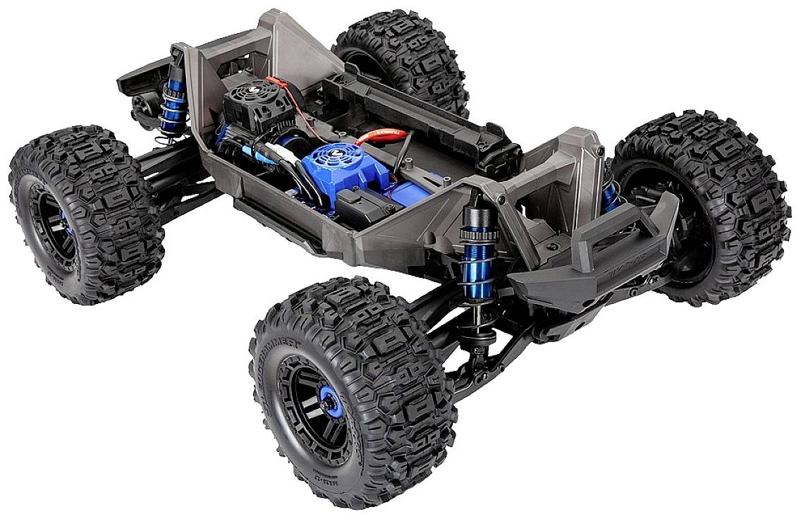 Ferngesteuertes Auto-Chassis ohne Karosserie, große Geländereifen, sichtbare Elektronikkomponenten und stoßdämpfende Aufhängung.