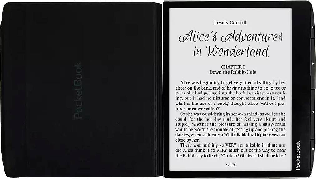 Ein E-Reader mit dem Buch 'Alice's Adventures in Wonderland' von Lewis Carroll. Geöffnet auf Kapitel 1: 'Down the Rabbit-Hole'.
