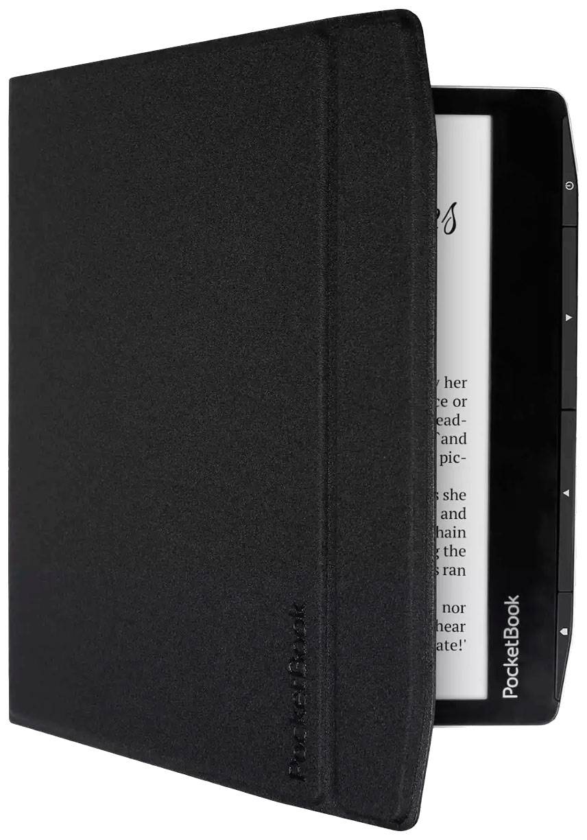 Ein schwarzes PocketBook E-Reader mit teilweise geschlossenem Cover zeigt einen Ausschnitt eines Textes auf dem Display.