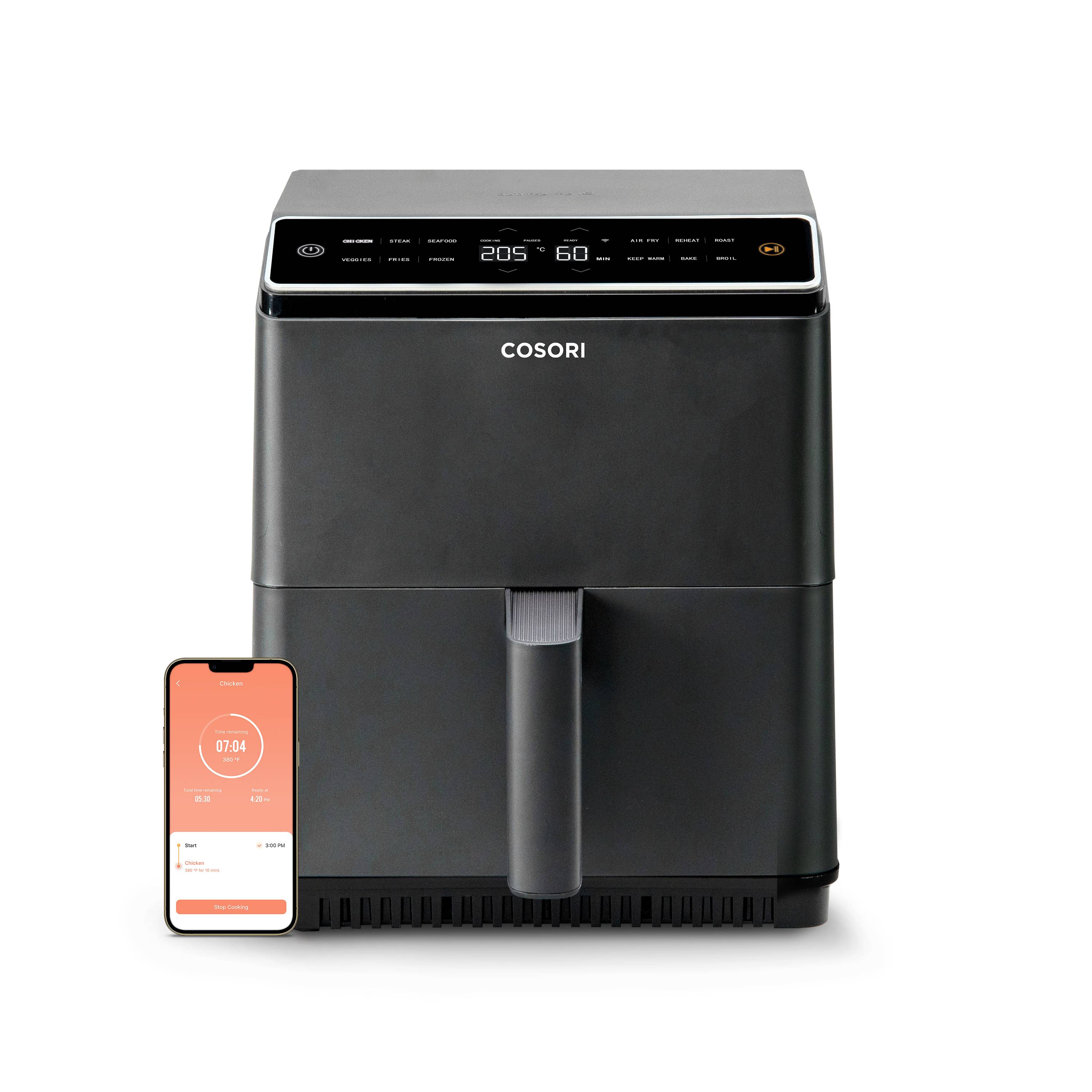 Cosori CAF-P583S-KEUR Heißluft-Fritteuse 6.4 l 1700 W Antihaftbeschichtung, mit Display, Überhitzungsschutz, App steuerbar Schwarz