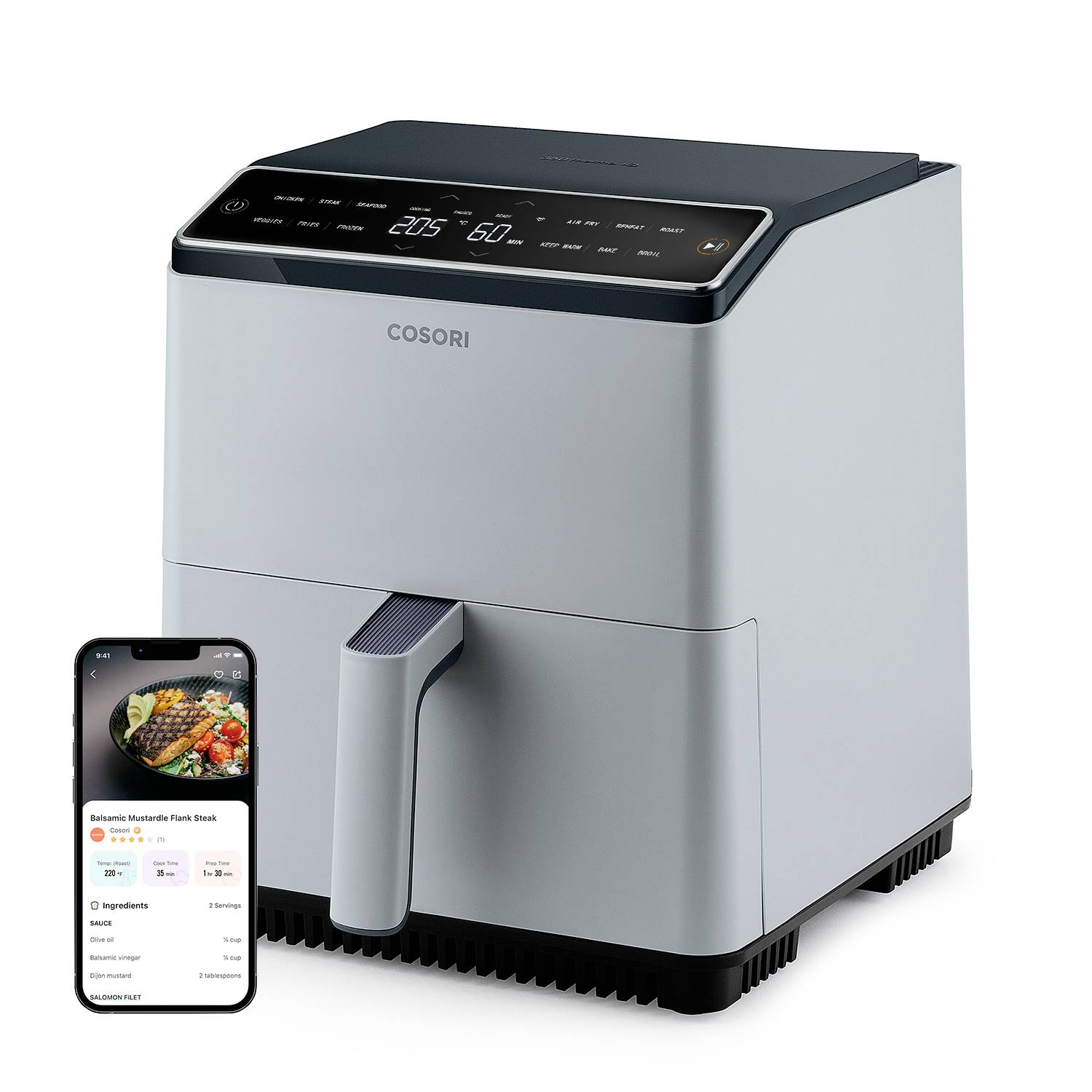 Cosori CAF-P583S-AEUR Heißluft-Fritteuse 6.4 l 1700 W Antihaftbeschichtung, mit Display, Überhitzungsschutz, App steuerbar Grau