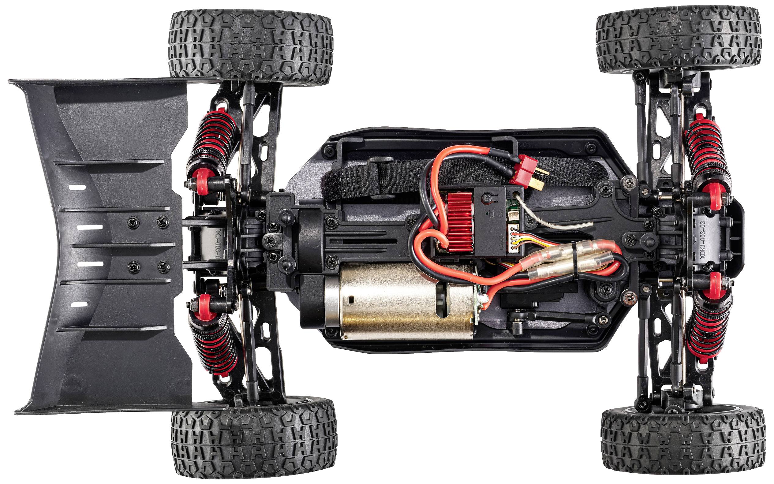 Ferngesteuertes Auto-Chassis von oben, zeigt Motor, Aufhängung und Kabel.