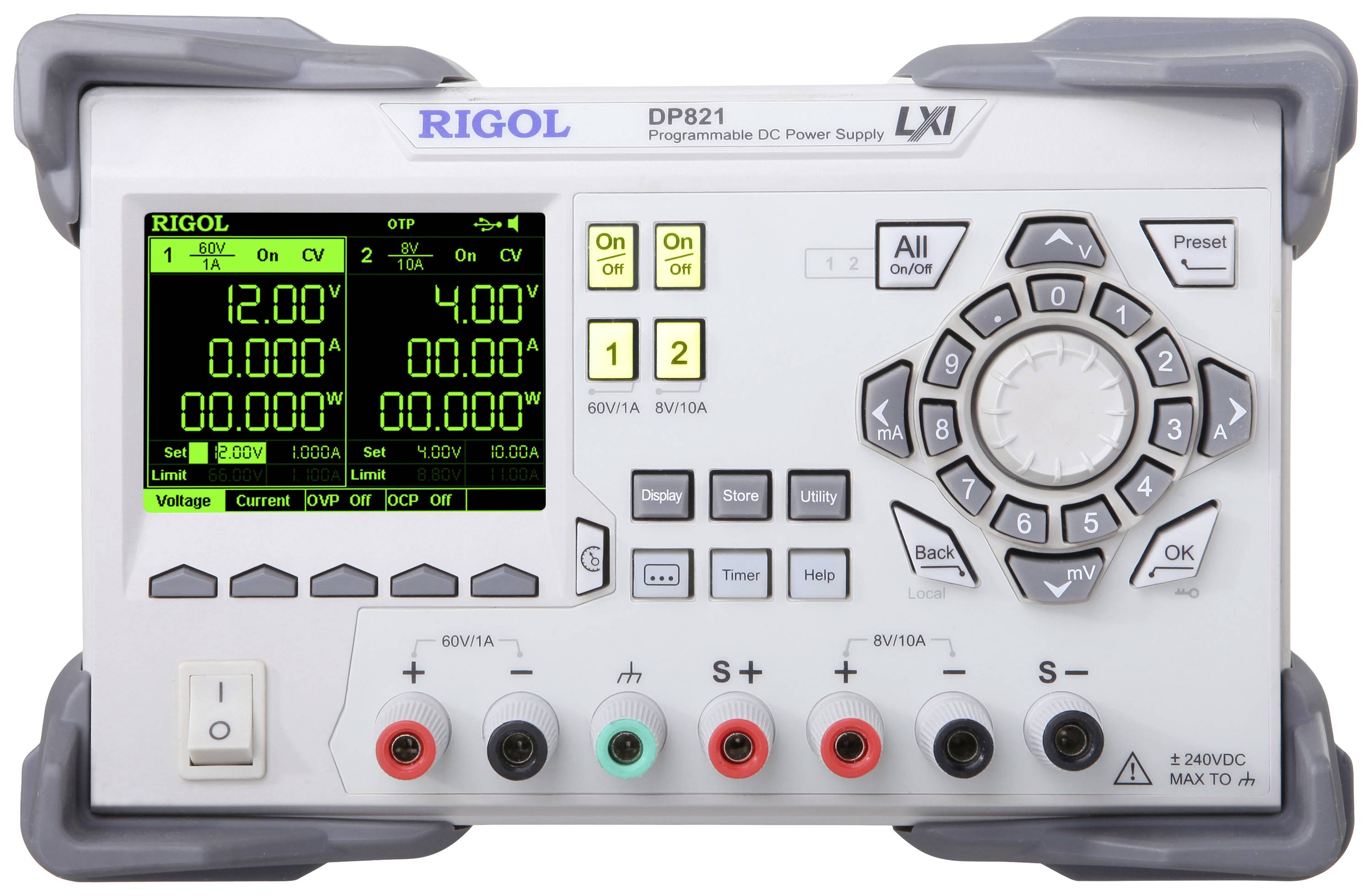 Elektronisches Labornetzgerät mit digitalem Display zeigt Messwerte. Bedienungstasten und Anschlüsse sind sichtbar. Modell: Rigol DP821.