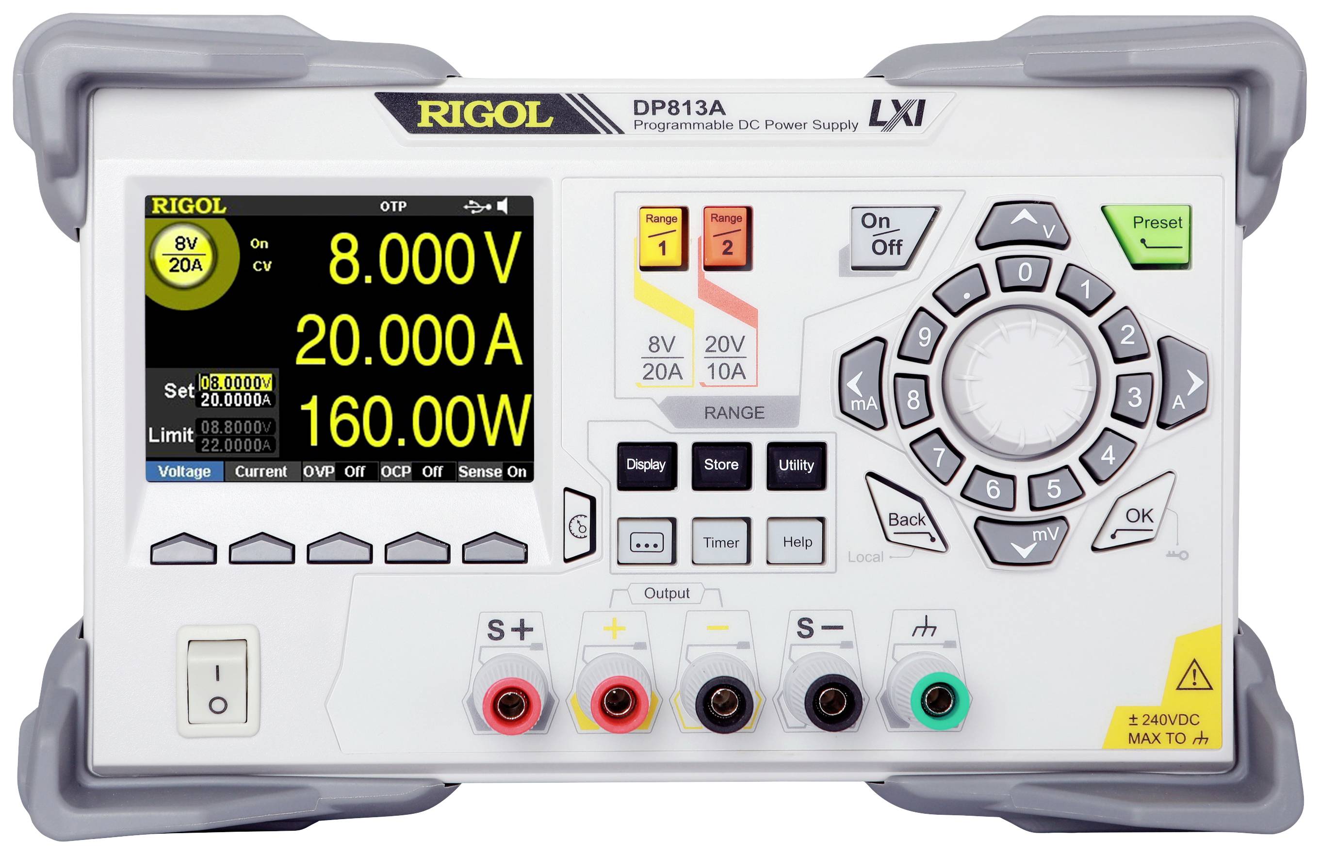 Programmierbares DC-Netzgerät mit Anzeige: 8,000V, 20,000A. Drei Ausgänge mit verschiedenen Knöpfen und Reglern. Modell Rigol DP813A.