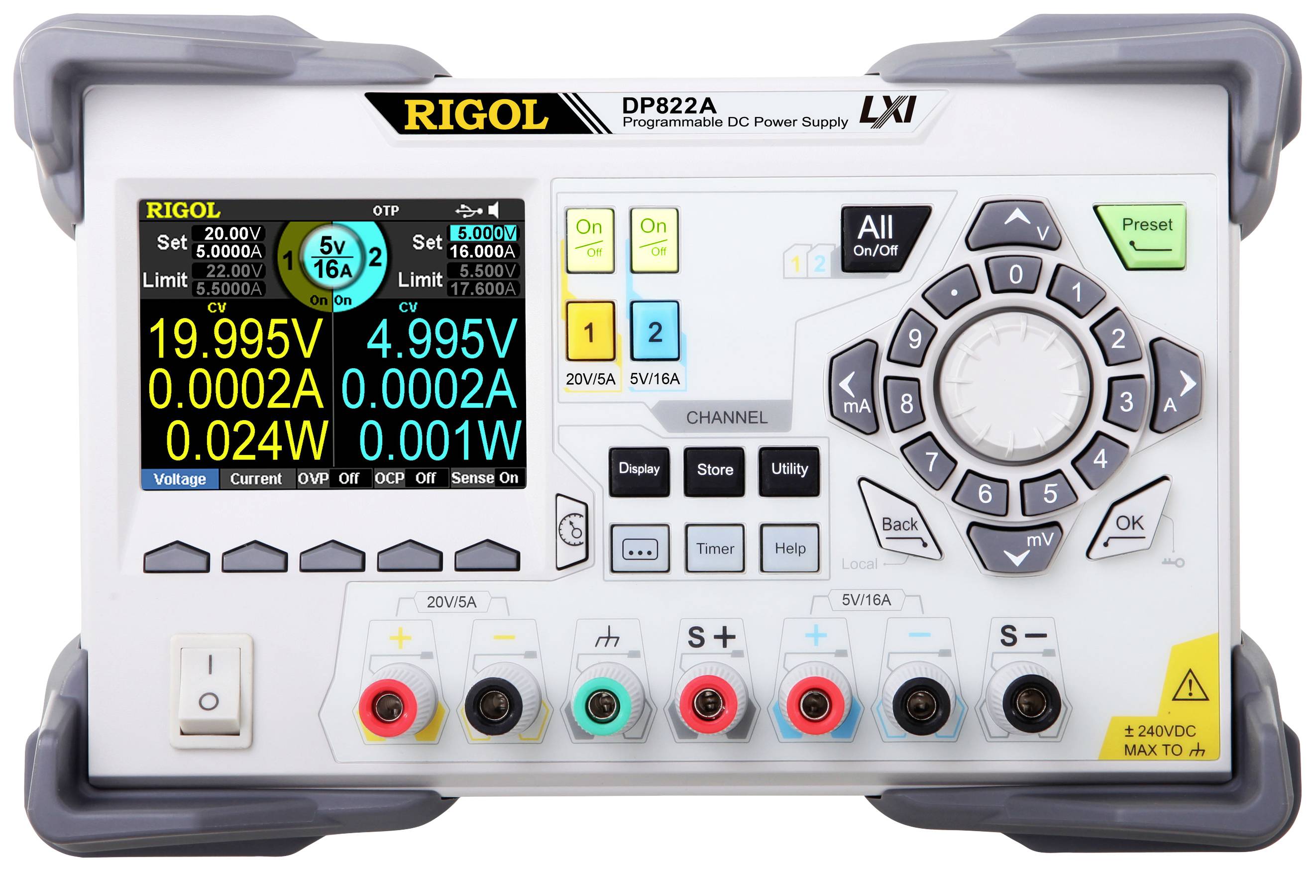 'Rigol DP822A' programmierbares DC-Netzgerät mit LCD-Anzeige, zeigt Spannungen (19.995V, 4.995V) und Ströme (0.002A, 0.001A).