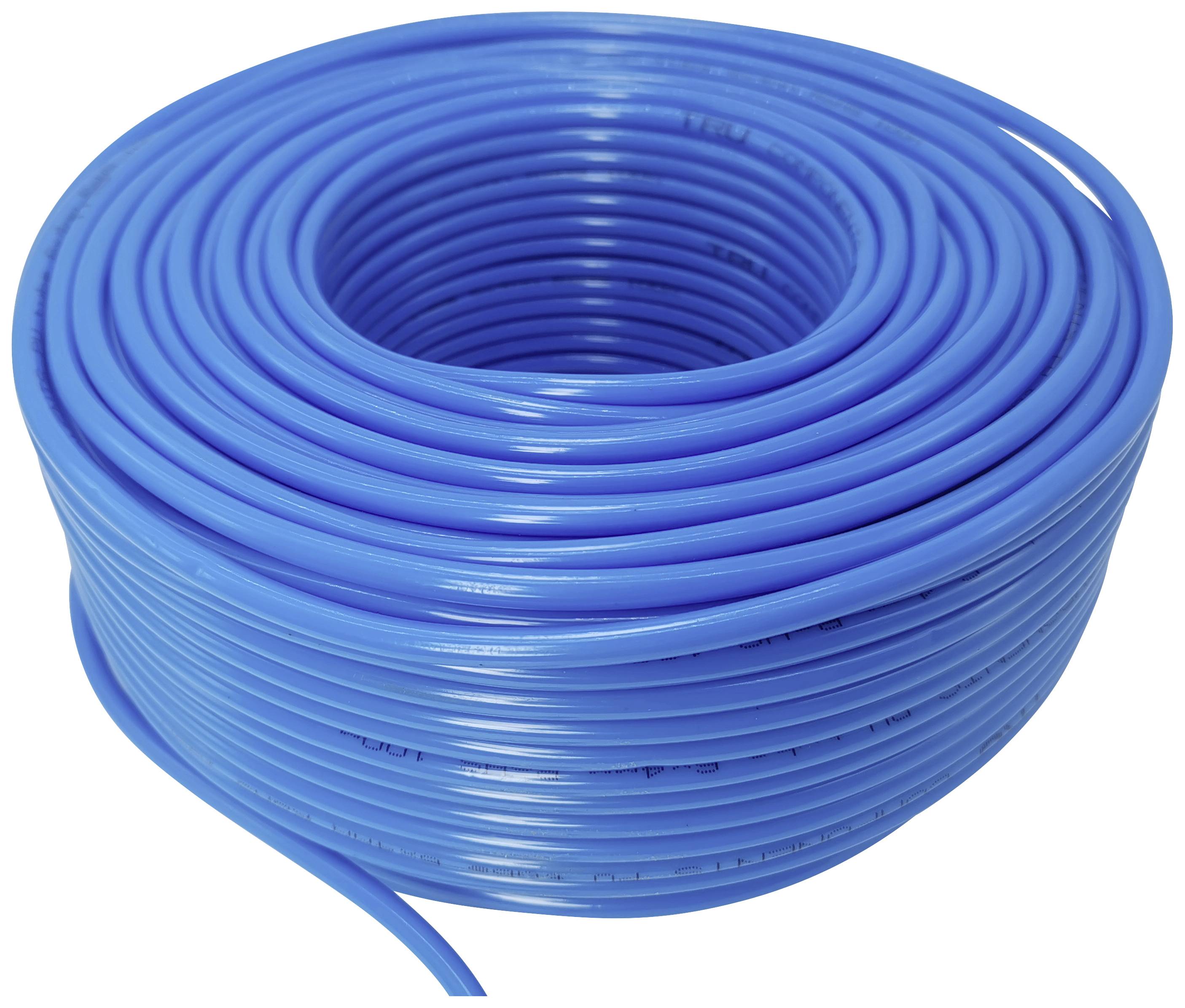 Eine Rolle blauer Plastikschlauch, spiralförmig aufgewickelt.