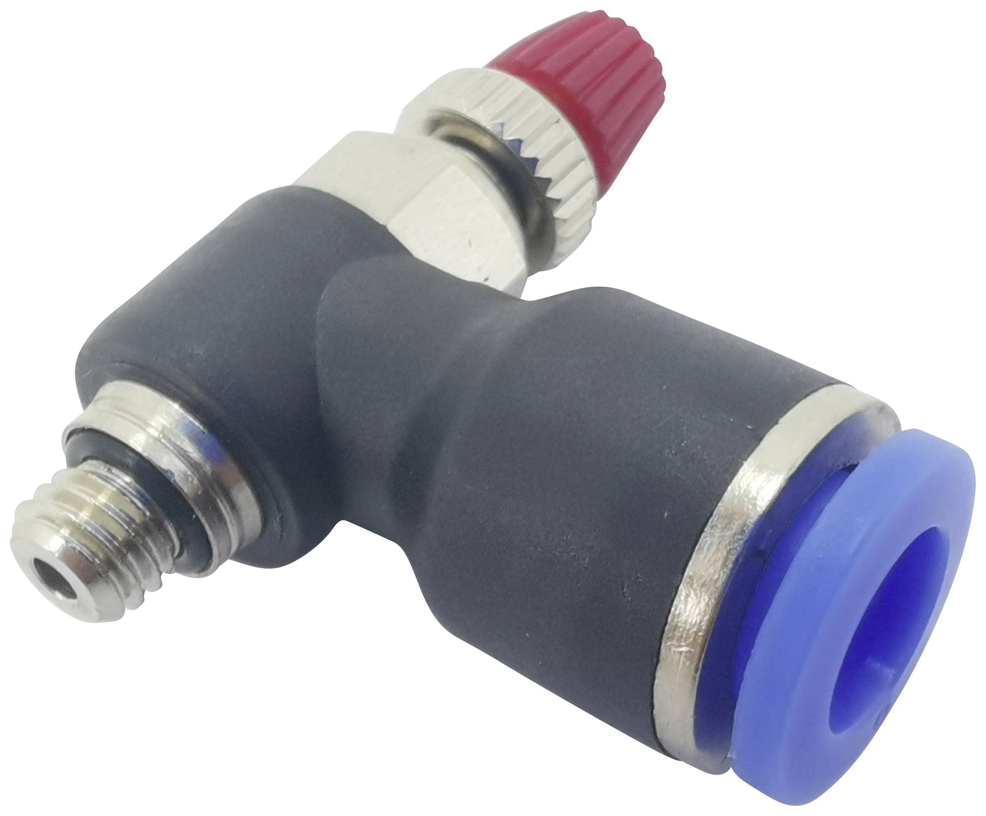 Schwarzes pneumatisches L-Winkel-Anschlussstück mit blauem Steckanschluss und rotem Einstellventil für Luftdruckregelung.
