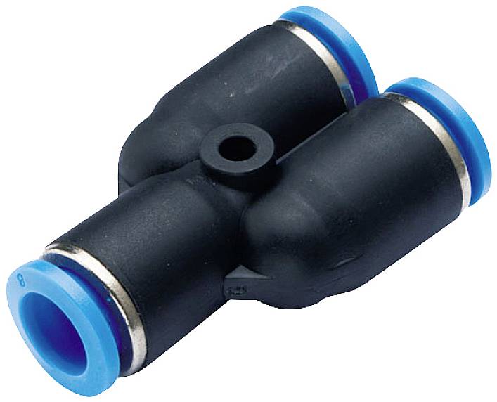 Ein schwarzer pneumatischer Y-Steckverbinder mit blauen Enden zum Anschließen von Schläuchen in einem Druckluftsystem.