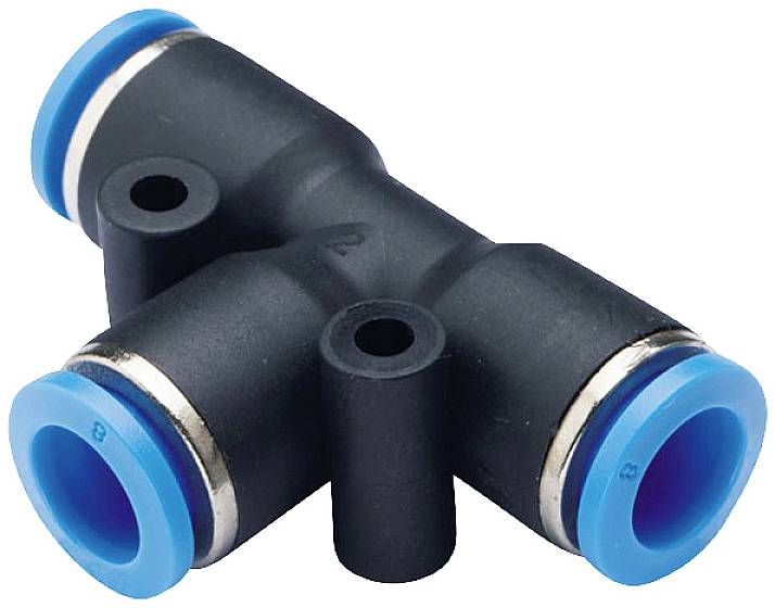 Ein schwarzes T-Stück für Pneumatikschläuche mit blauen Enden, dient zur Verbindung von drei Luftschläuchen im 90-Grad-Winkel.