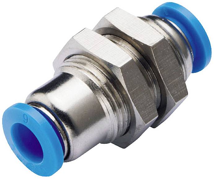 Metallverbindungselement mit blauen Kunststoff-Enden, verwendet in Pneumatiksystemen zum Verbinden von Rohren oder Schläuchen.