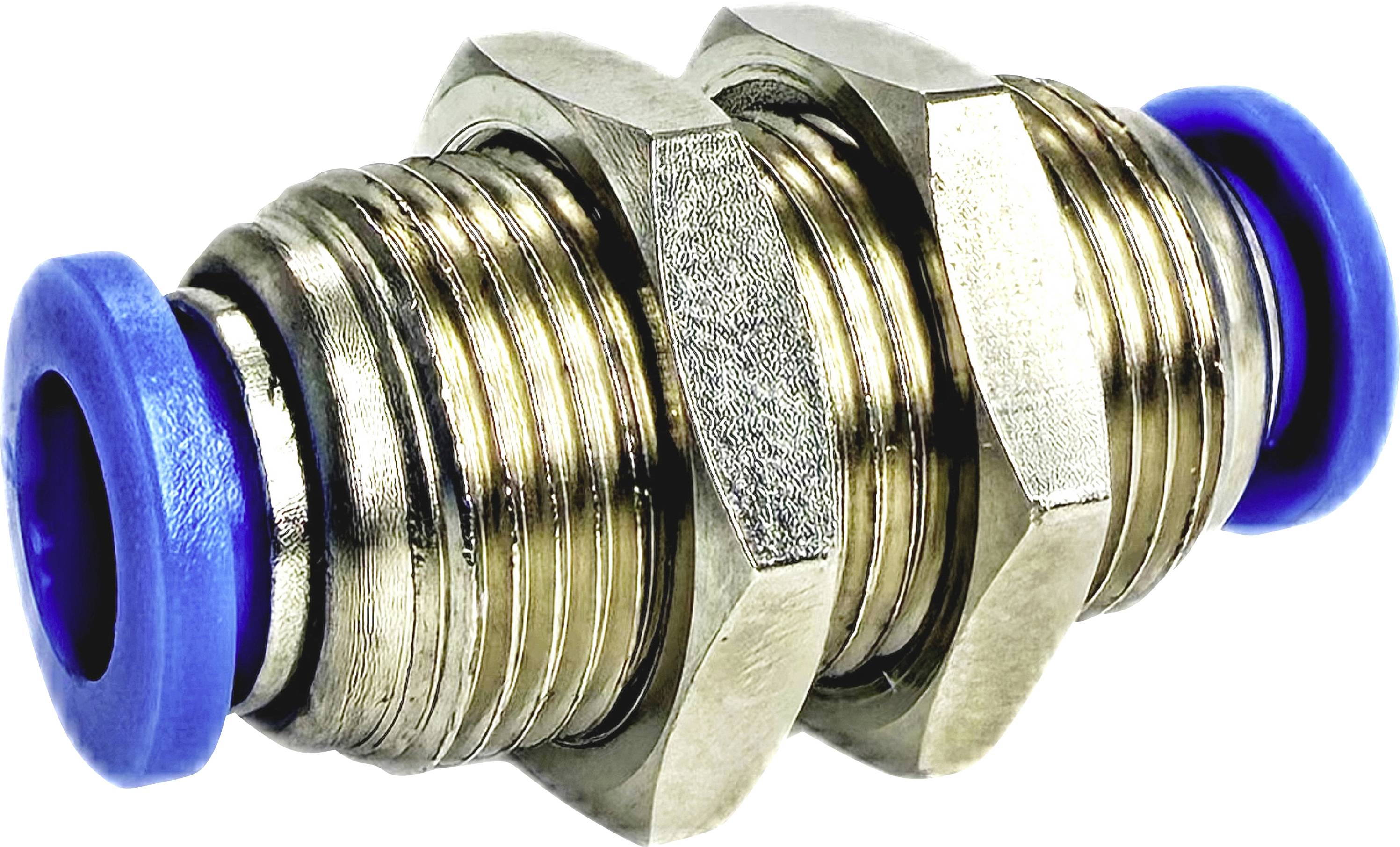 Metallschlauchverbinder mit Gewindeanschlüssen und blauen Kunststoffschutzkappe auf weißem Hintergrund.