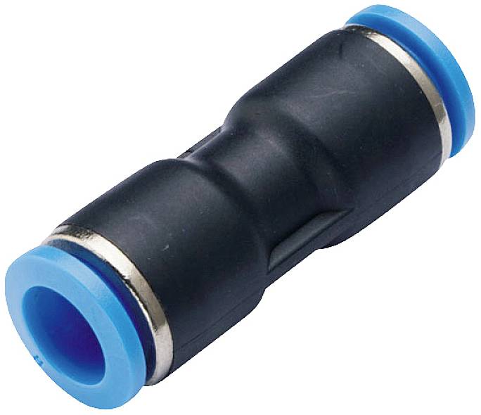 Ein gerades Pneumatik-Steckverbinderstück, schwarz mit blauen Enden, dient zur Verbindung von Luftschläuchen in Druckluftsystemen.