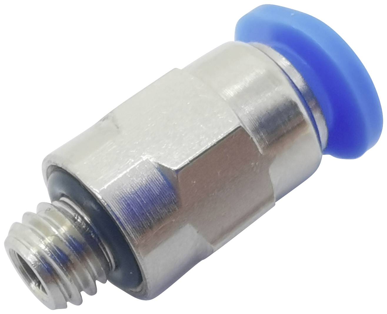 Metallischer Steckverbinder mit blauer Kunststoffkappe, geeignet zur Verbindung von Schläuchen oder Rohren in pneumatischen Systemen.